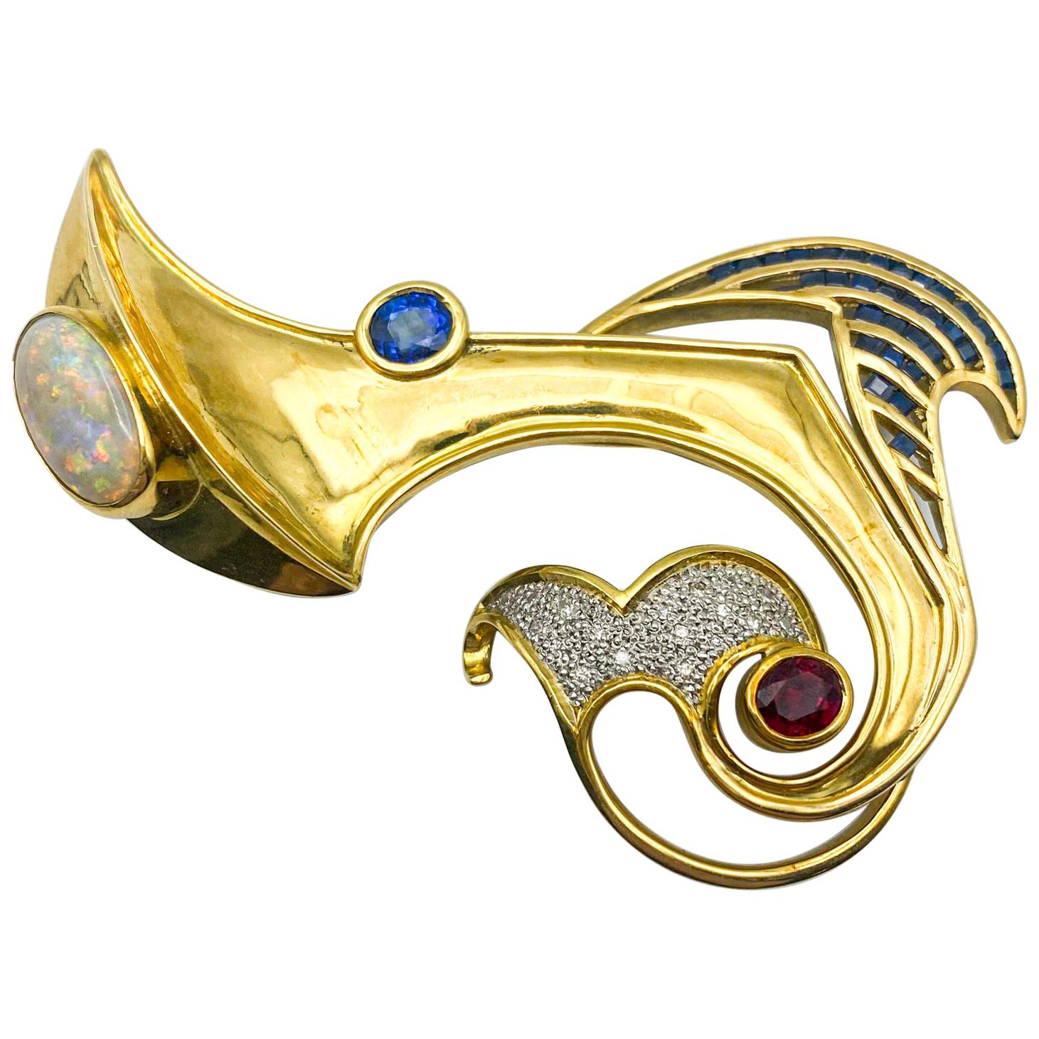 Sapphires Rubies Opal Diamond Brooch 3.3 Carat 18 Karat Gold