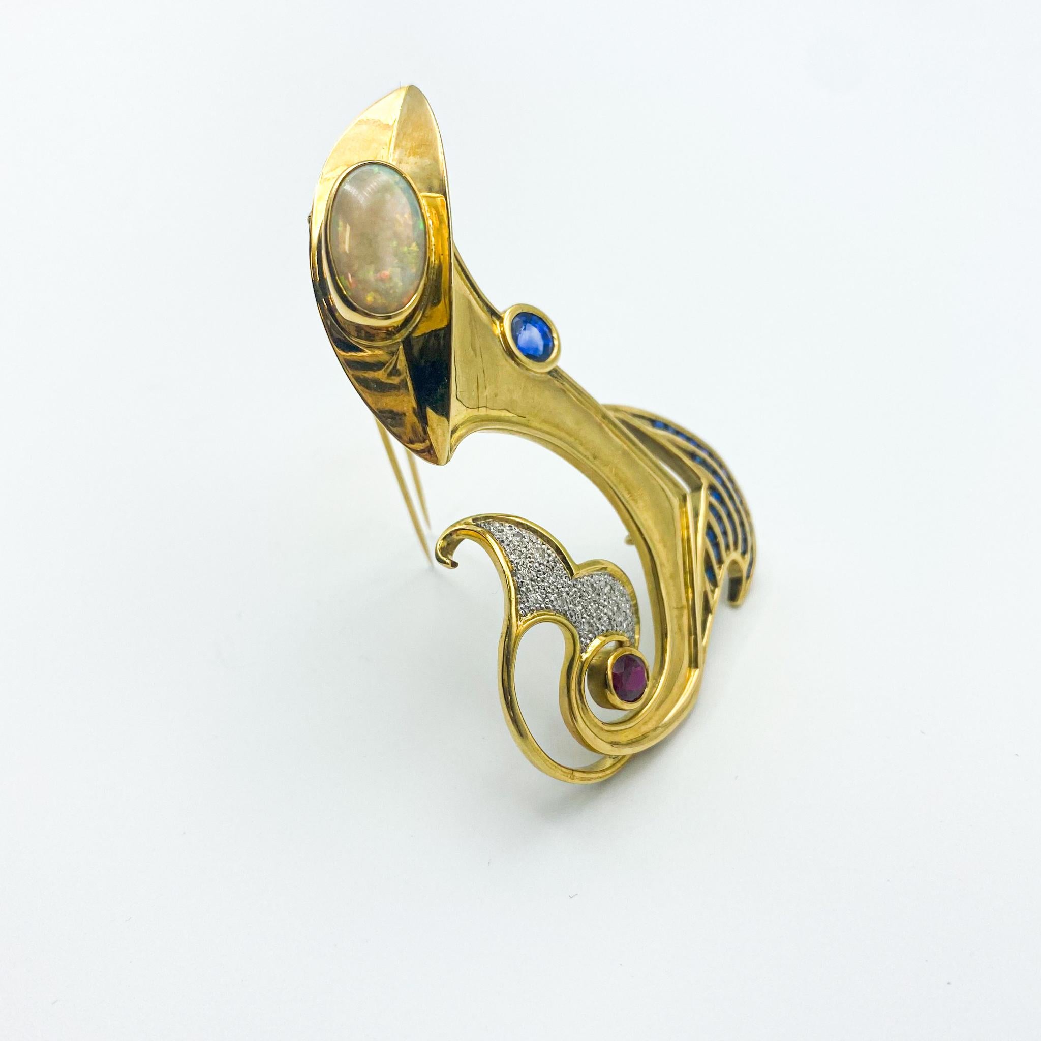 Art Deco Sapphires Rubies Opal Diamond Brooch 3.3 Carat 18 Karat Gold
