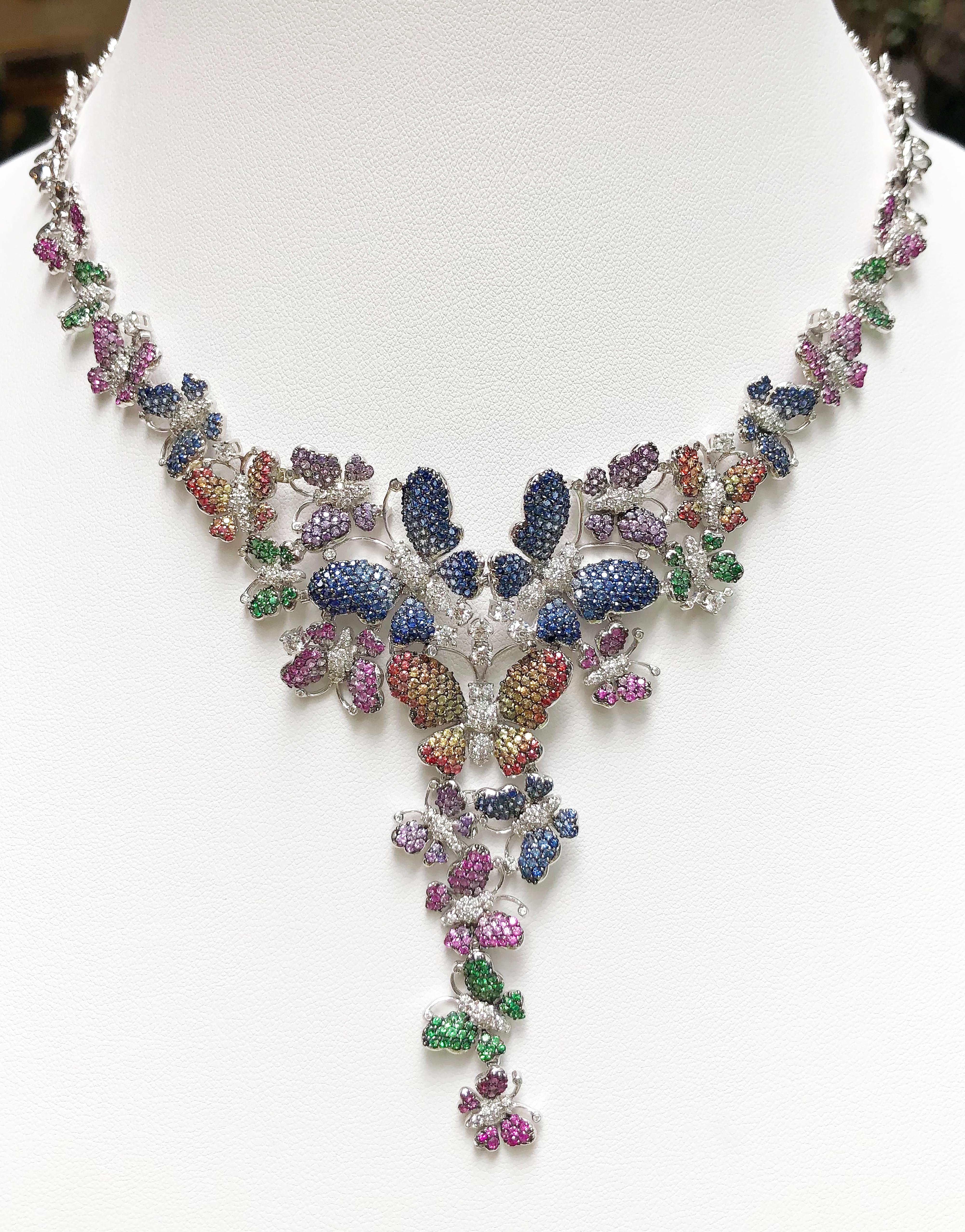 Contemporary Sapphires, Ruby, Tsavorite and Diamond Butterfly Necklace in 18k White Gold For Sale