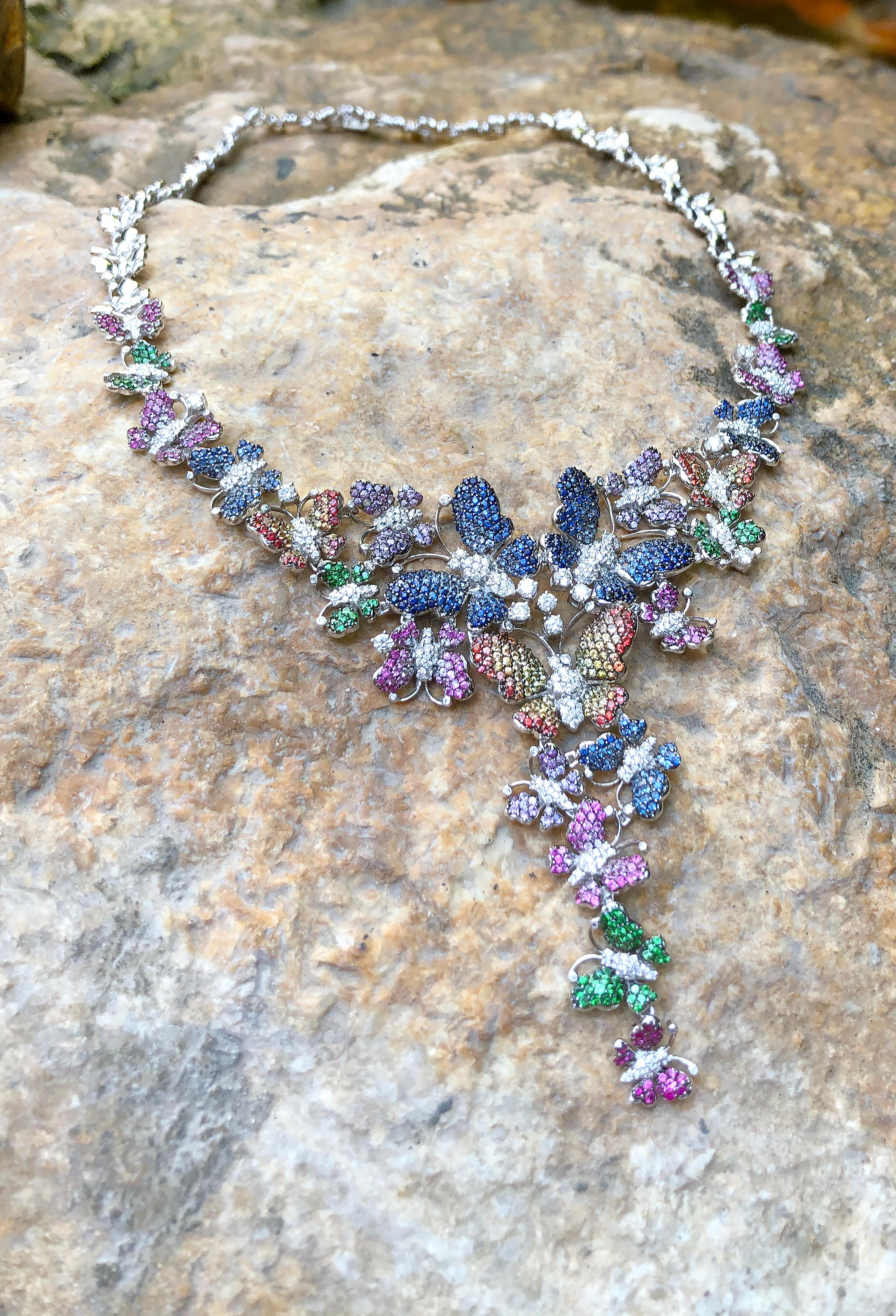 Mixed Cut Sapphires, Ruby, Tsavorite and Diamond Butterfly Necklace in 18k White Gold For Sale