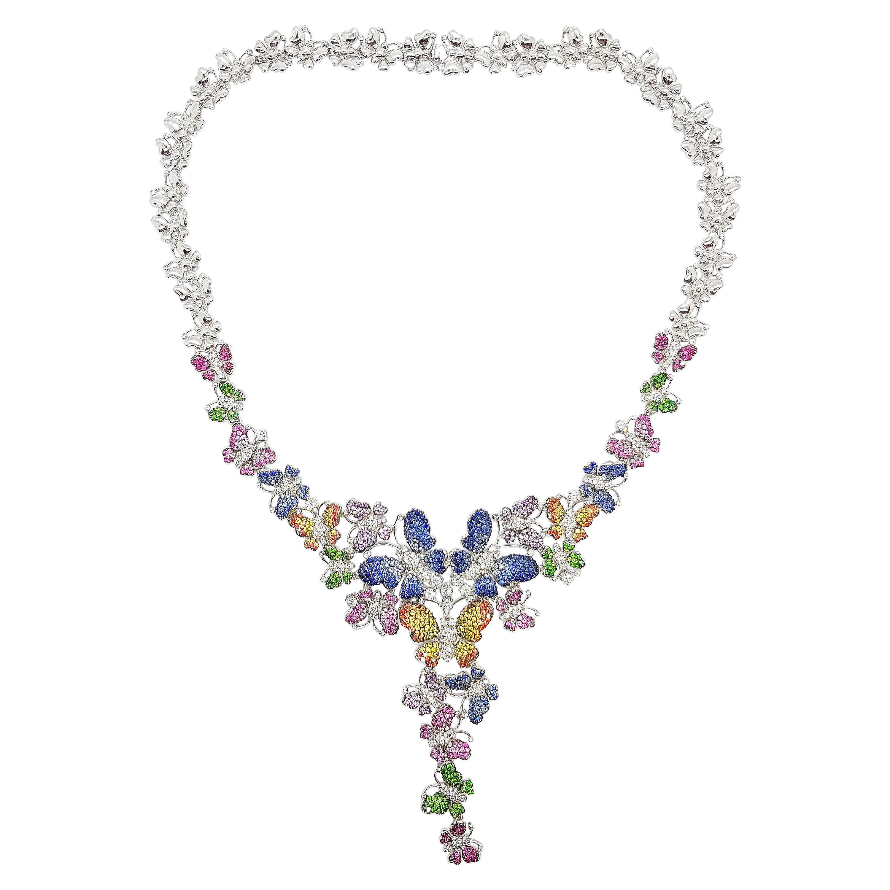 Sapphires, Ruby, Tsavorite and Diamond Butterfly Necklace in 18k White Gold