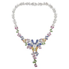 Sapphires, Ruby, Tsavorite and Diamond Butterfly Necklace in 18k White Gold