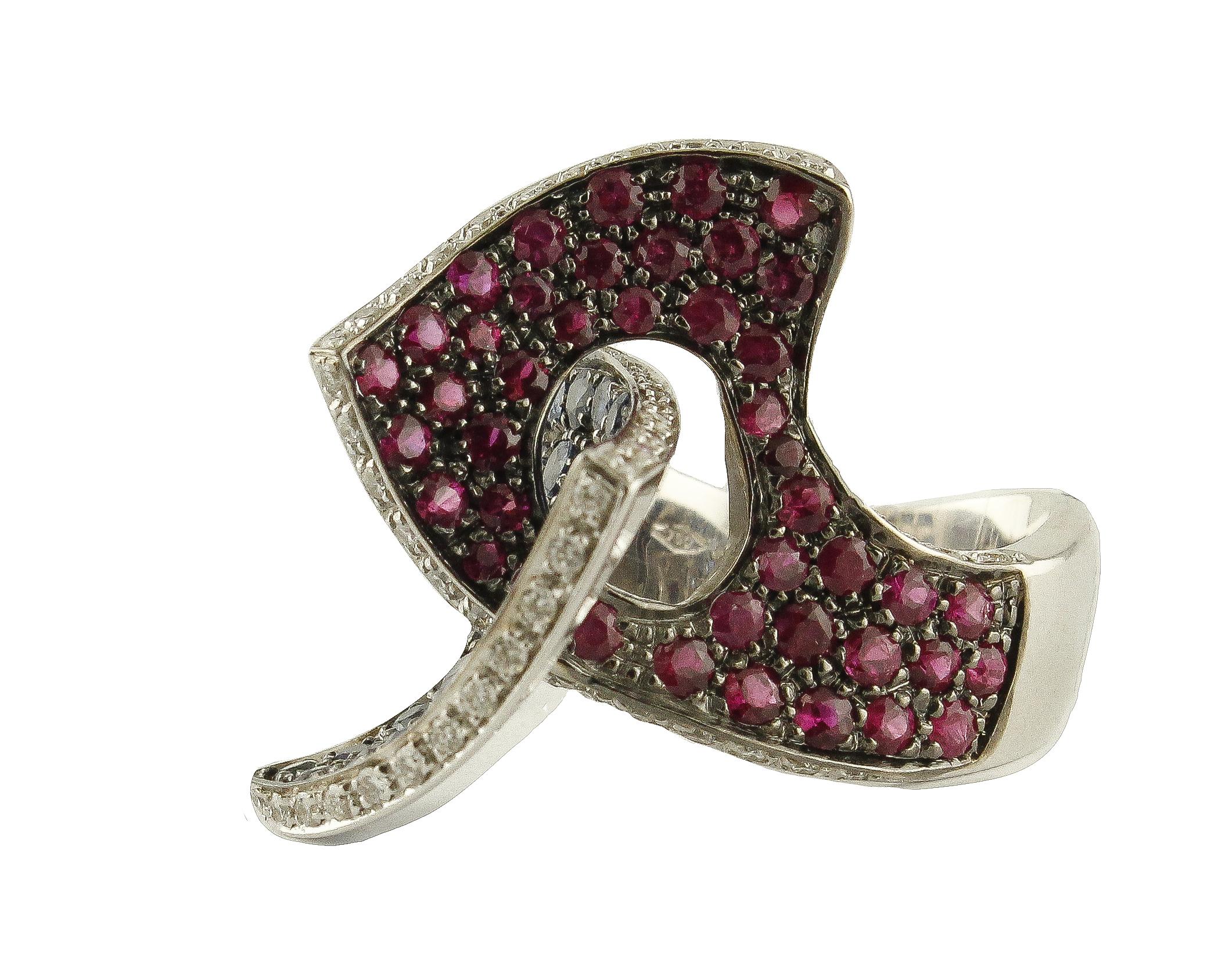 Retro Sapphires Rubyes Diamonds White Gold Ring For Sale