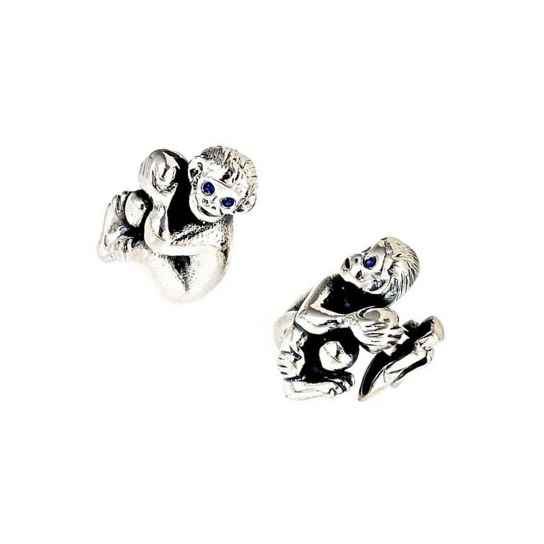 Contemporary Sapphires Sterling Silver Seated Monkey Baby Cufflinks by John Landrum Bryant For Sale