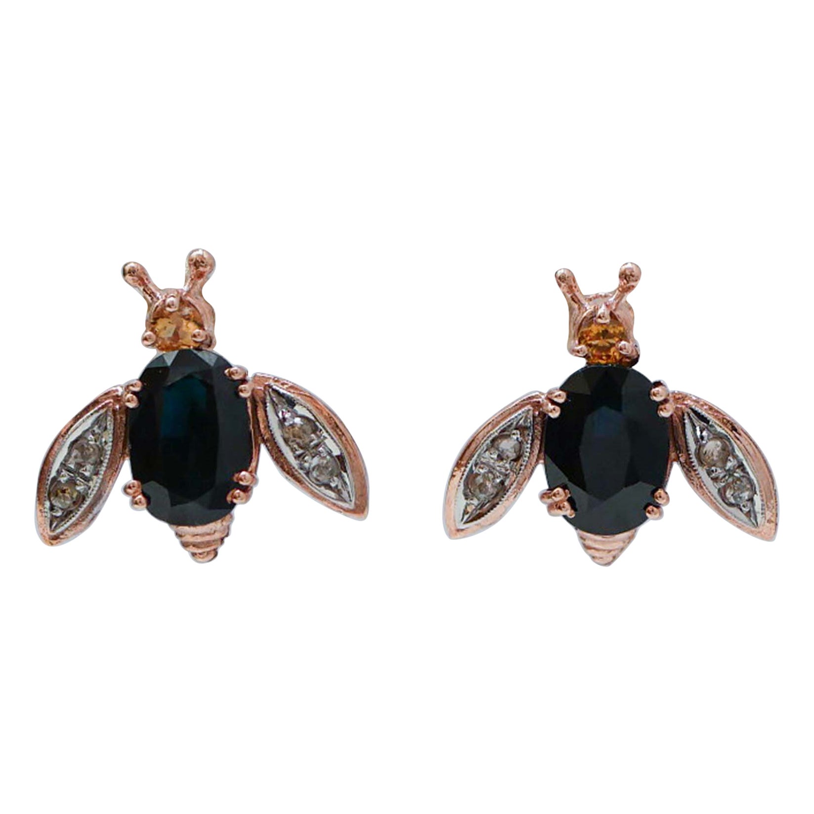 Saphirs, topazes, diamants, boucles d'oreilles mouche en or rose et en argent.