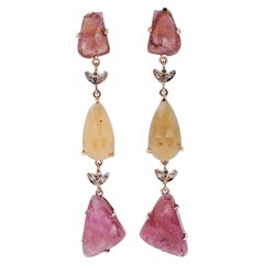 Pendants d'oreilles en or rose et blanc 9 carats, saphirs, tsavorites et diamants