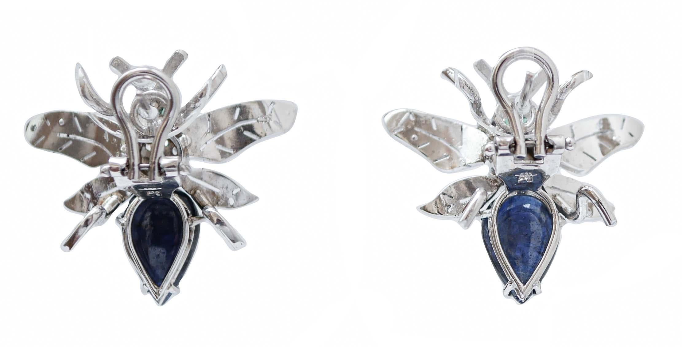 Retro Sapphires, Tsavorite, Diamonds, Platinum and 14 Kt  Gold Fly Shape Earrings. For Sale
