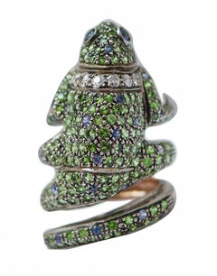 Sapphires, Tsavorite, Diamonds, Rose Gold and Silver Chameleon Ring.