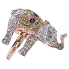 Sapphires, Tsavorite, Ruby, Diamonds, Rose Gold and Silver Elephant Ring.