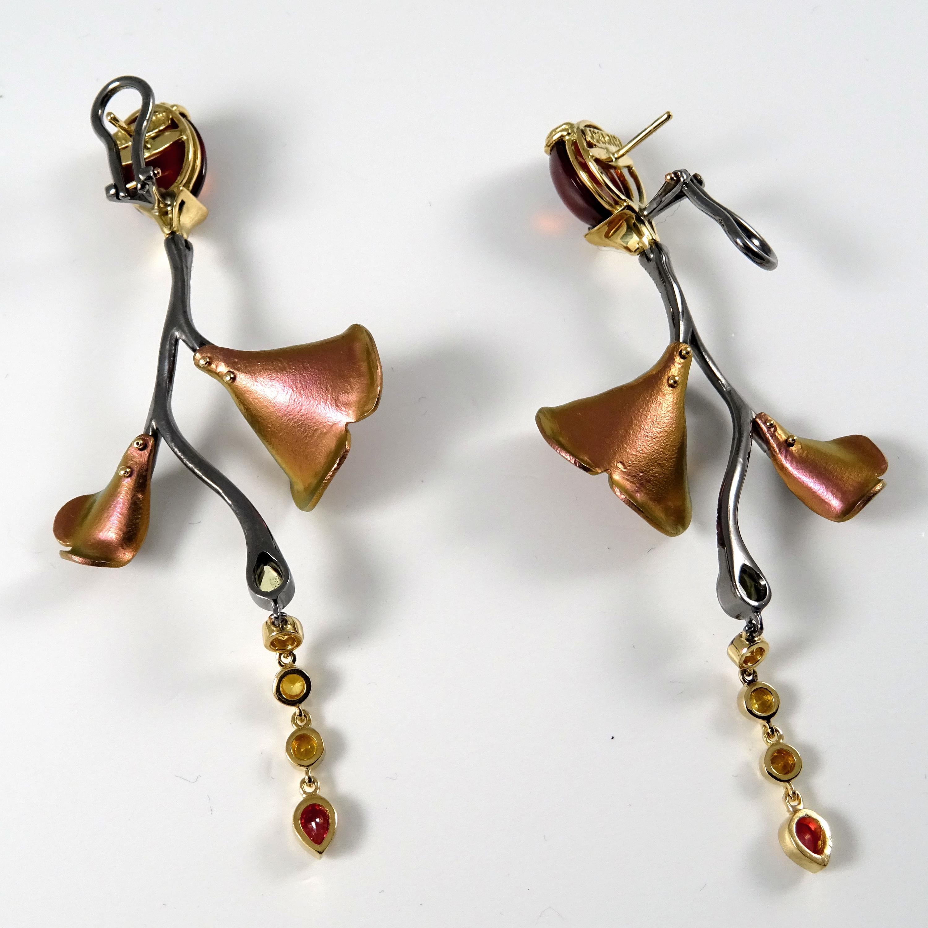 Contemporary Sapphires Tsavorites Red Garnets 18 Karat Gold  Silver Pink Titanium Earrings For Sale
