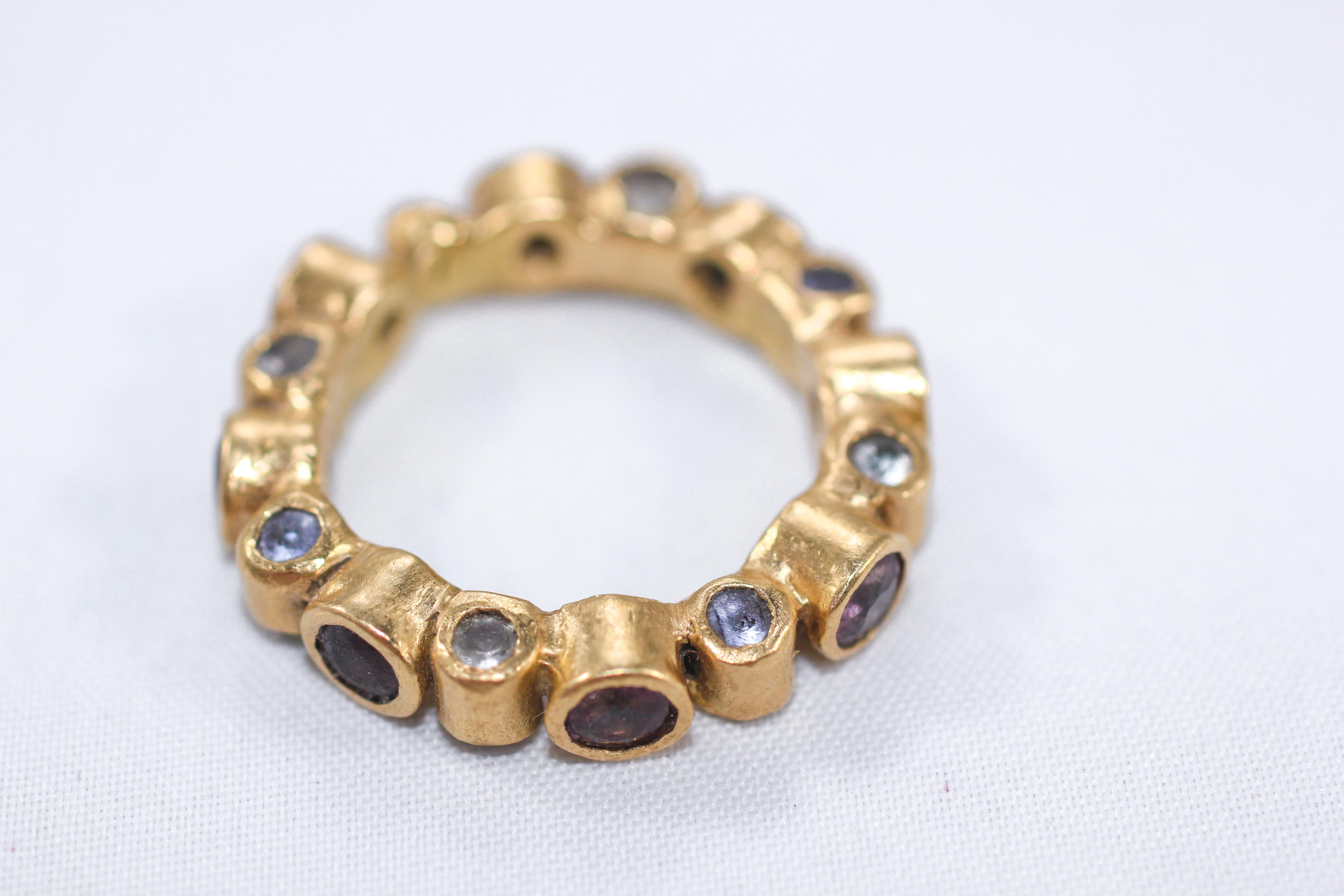 Women's or Men's Sapphires Tsavorites Tanzanites 18K Solid Gold Fashion or Bridal Handmade Ring For Sale