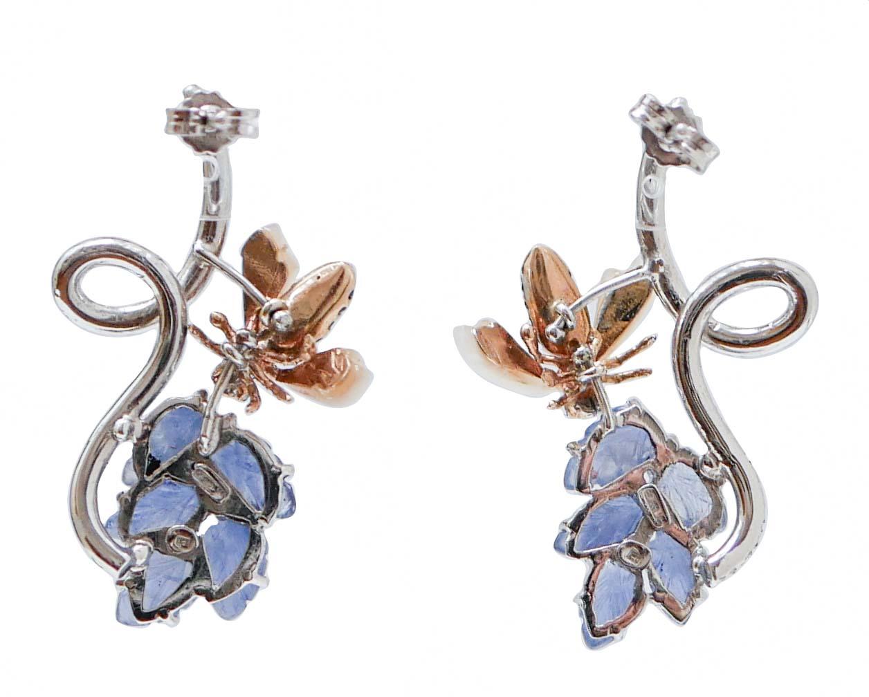 Retro Sapphires, White Stones, Diamonds, Platinum and 14 Karat Rose  Gold Earrings. For Sale
