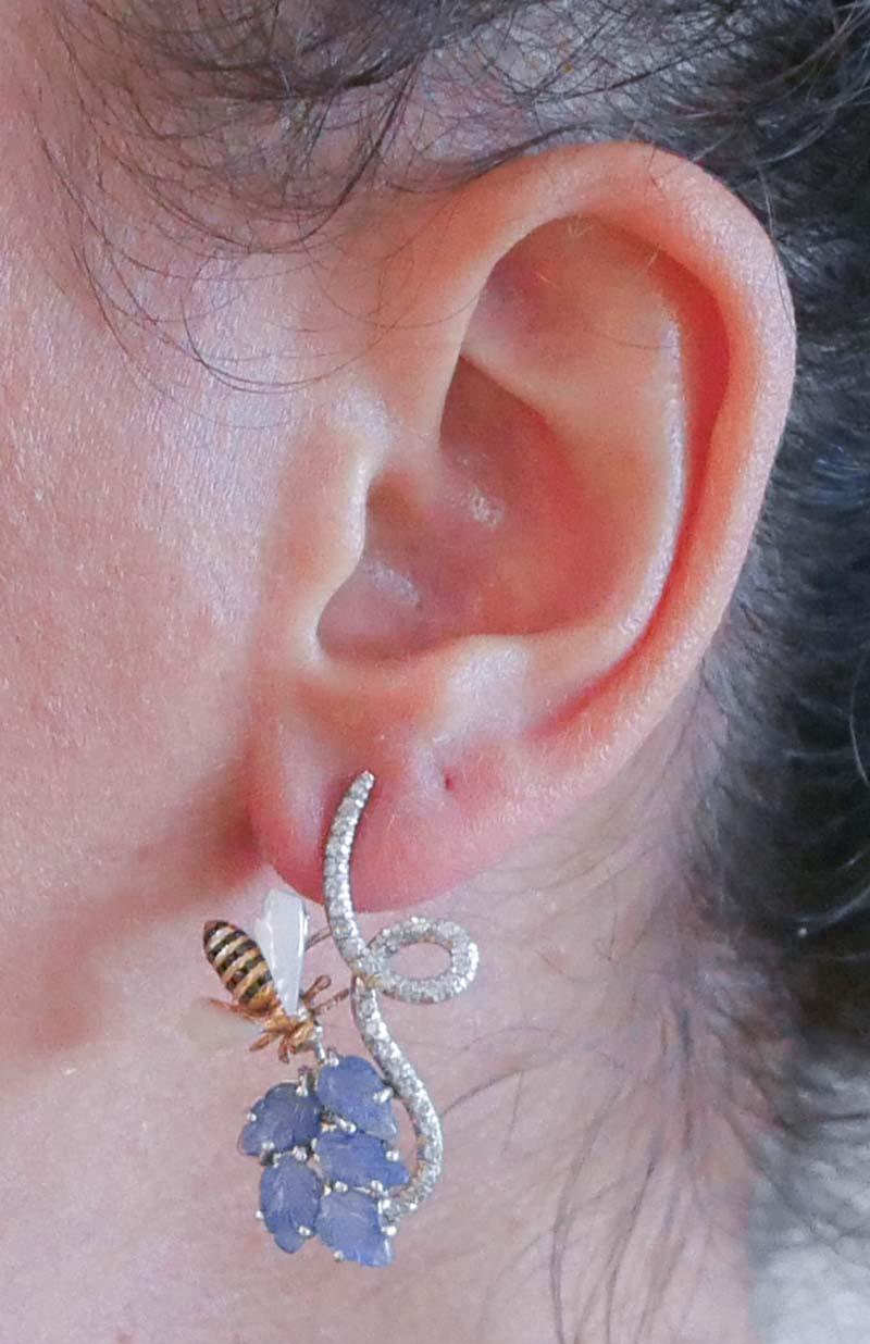 Zafiros, piedras blancas, diamantes, platino y rosa de 14 quilates  Pendientes de oro. en Bueno Estado en Marcianise, Marcianise (CE)