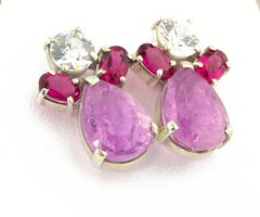 AJD Elegant Bright White Sapphires, Red Rubelites & Pink Kunzite Earrings