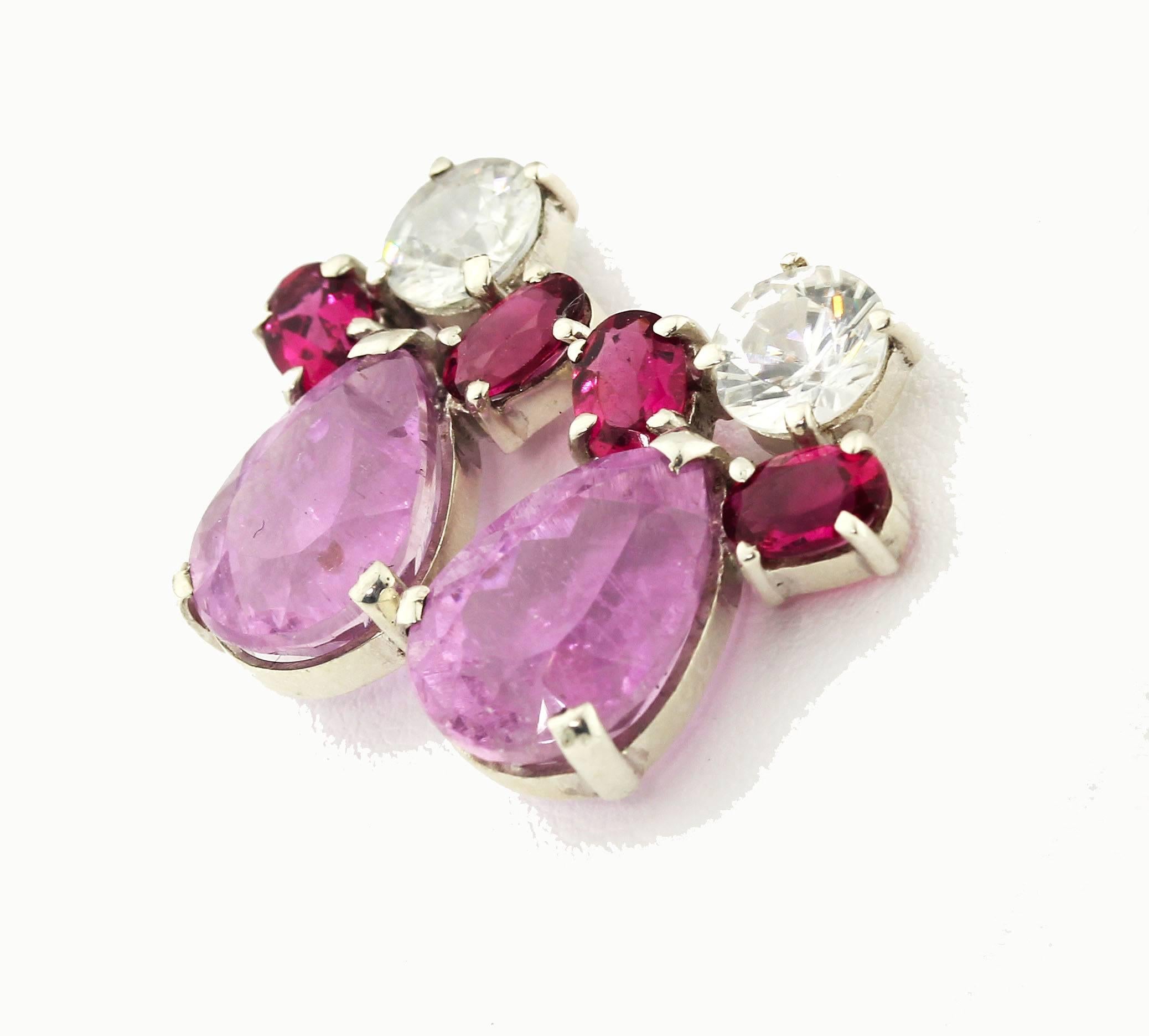 AJD Elegant Bright White Sapphires, Red Rubelites & Pink Kunzite Earrings In New Condition For Sale In Raleigh, NC