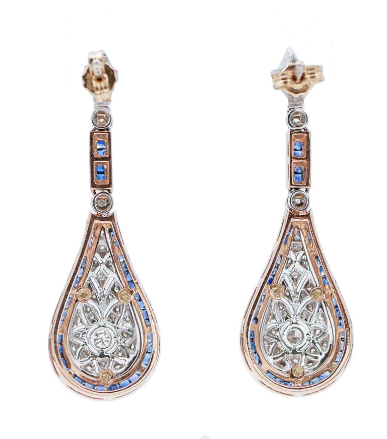Retro Sapphires, Diamonds, 14 Karat Rose and White Gold Earrings For Sale