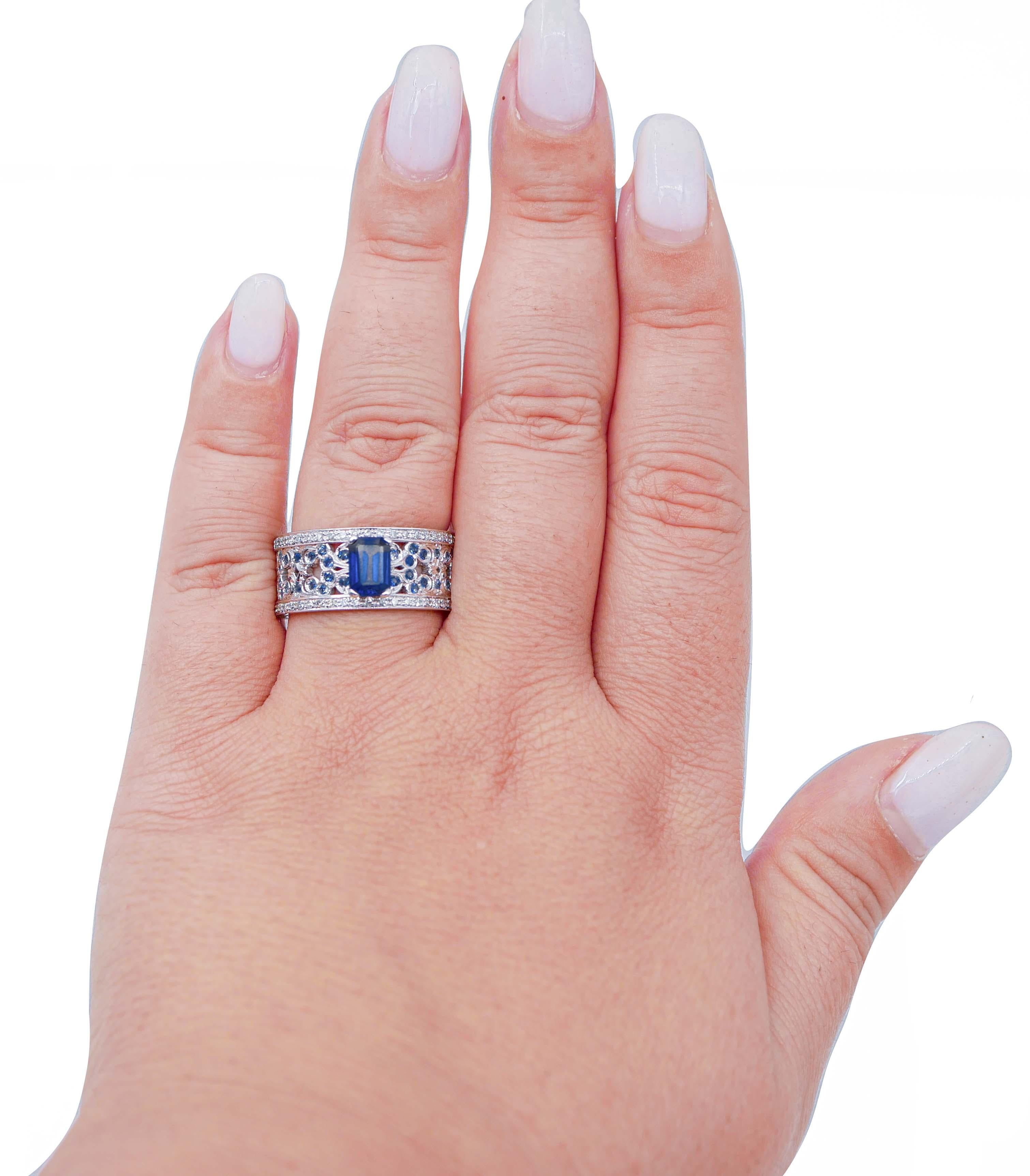 Mixed Cut Sapphires, Diamonds, 14 Karat White Gold Ring For Sale