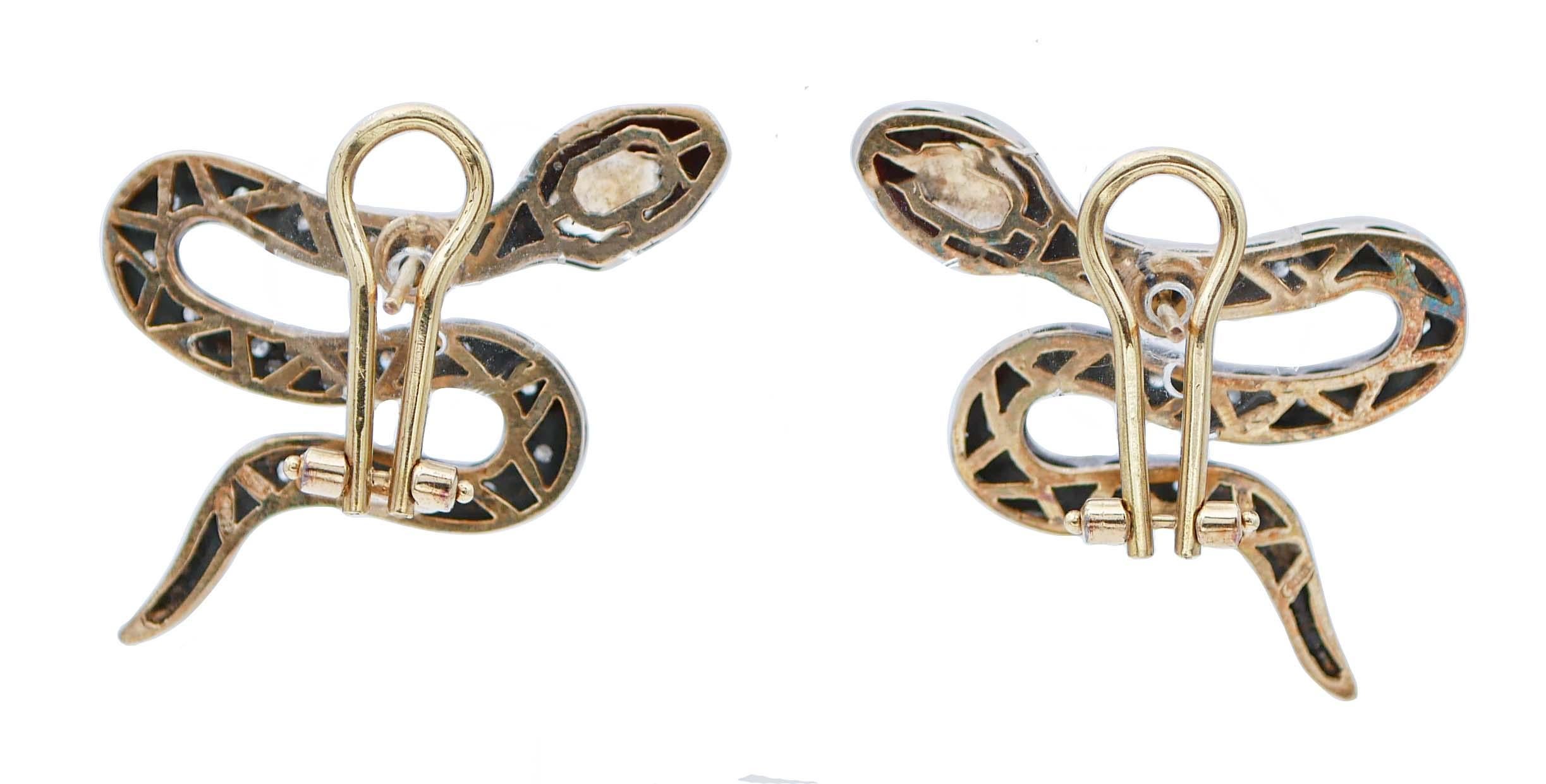 Retro Sapphires, Diamonds, 18 Karat Rose Gold and Silver Snake Earrings For Sale