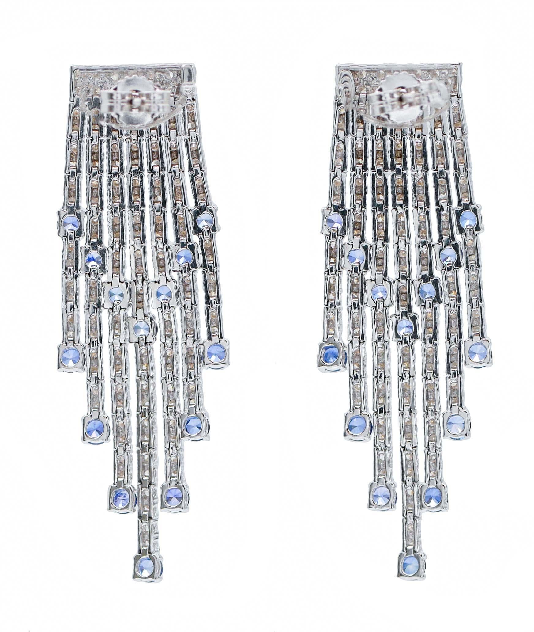Modern Sapphires, Diamonds, 18 Karat White Gold Earrings
