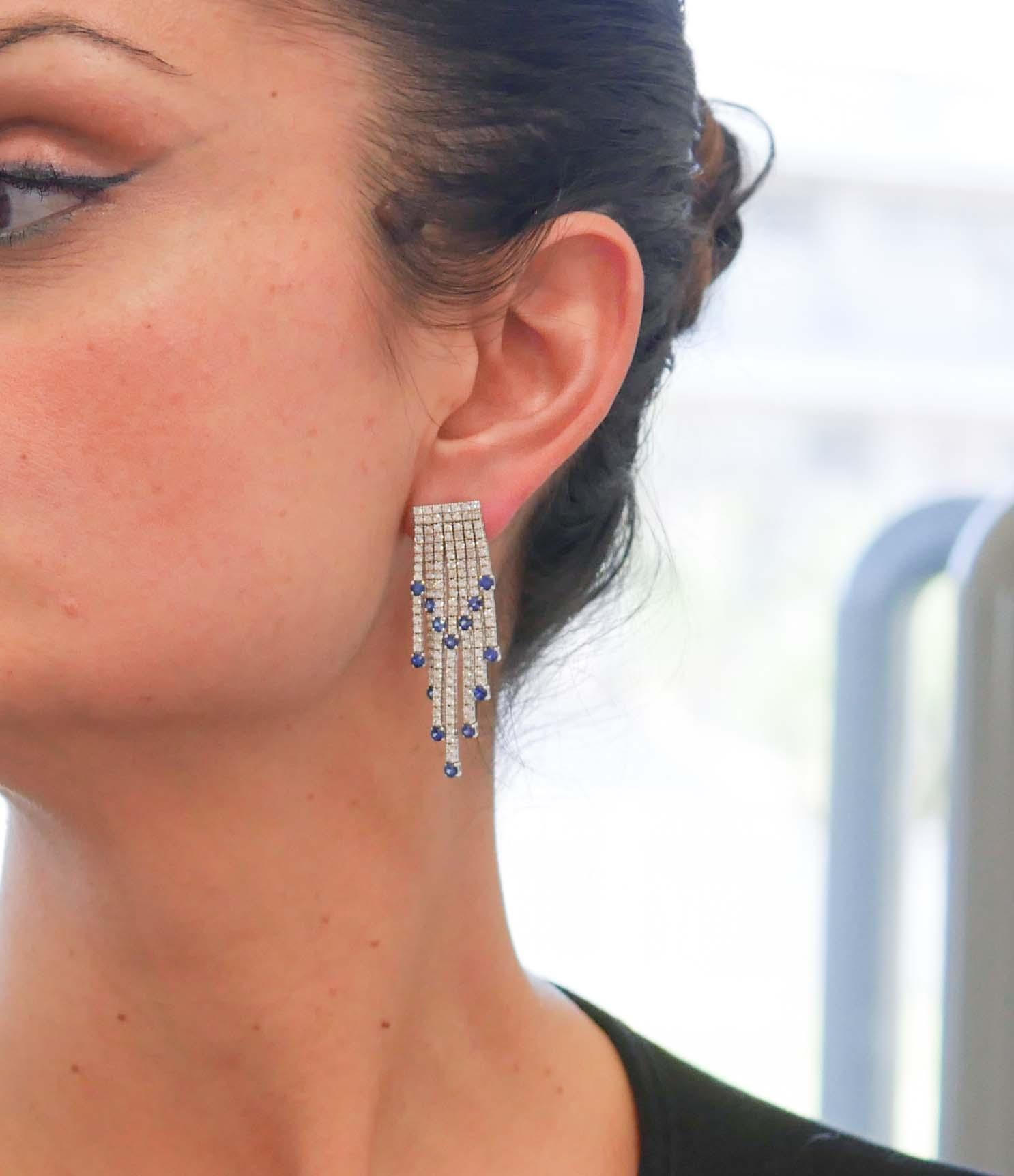 Mixed Cut Sapphires, Diamonds, 18 Karat White Gold Earrings
