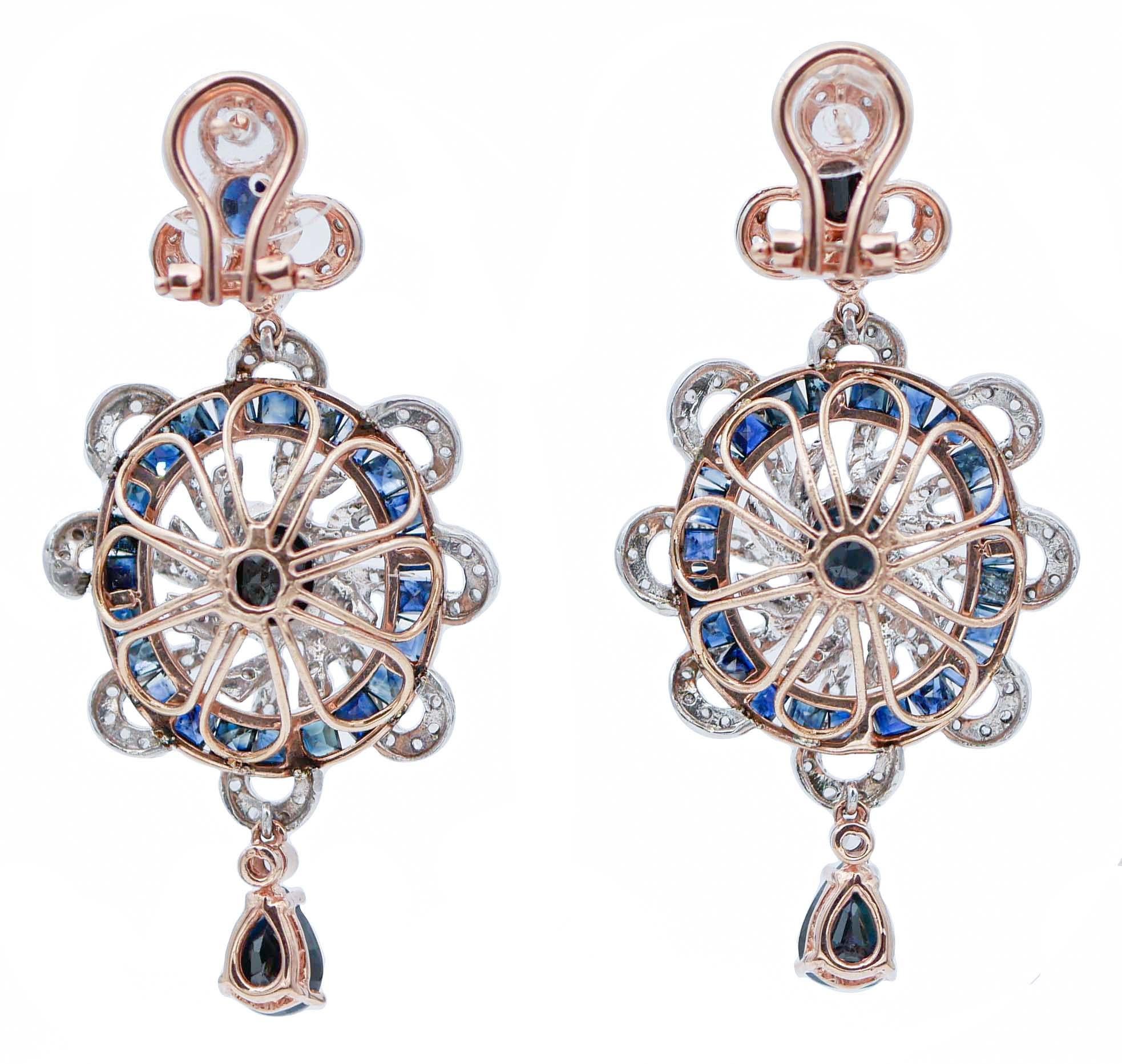 Retro Sapphires, Diamonds, Rose Gold and Silver Earrings For Sale