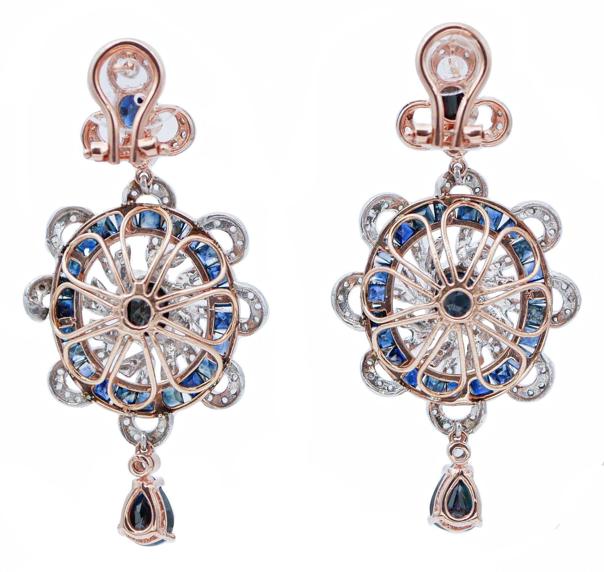 Rétro Boucles d'oreilles en or rose, saphirs et diamants en vente