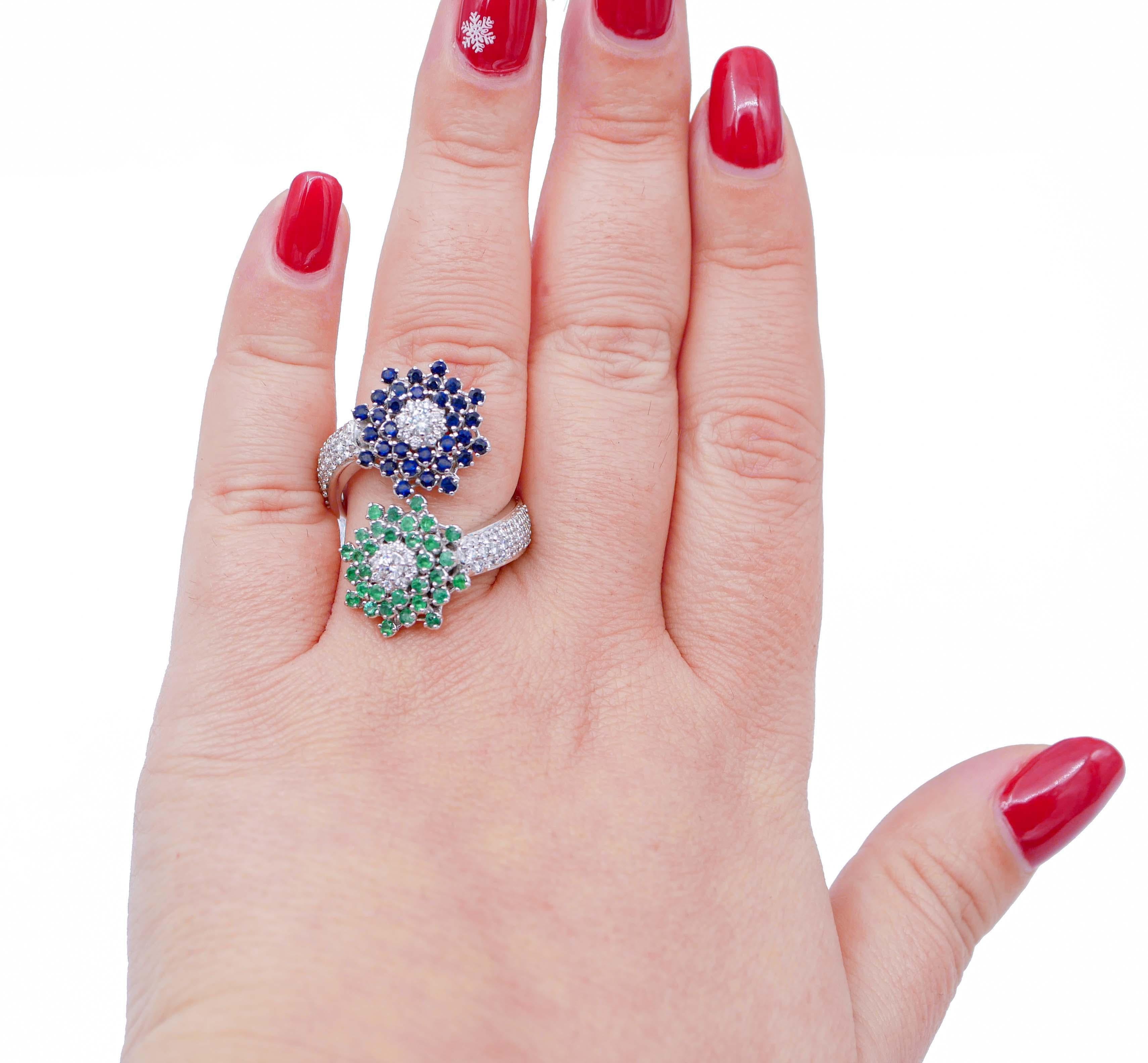 Mixed Cut Sapphires, Emeralds, Diamonds, 18 Karat White Gold Contrarié Ring For Sale