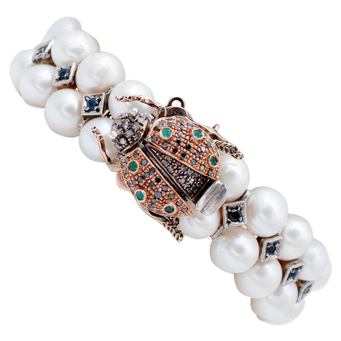 Sapphires, Emeralds, Diamonds, Pearls, 9Kt Rose Gold and Silver Bracelet