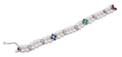 Sapphires, Emeralds, Rubies, Diamonds, Pearls, 14 Kt White Gold Beaded Bracelet
