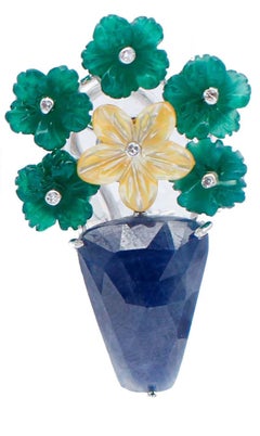 Sapphires, Green Agate, Yellow Stone, Diamonds, Platinum Earrings