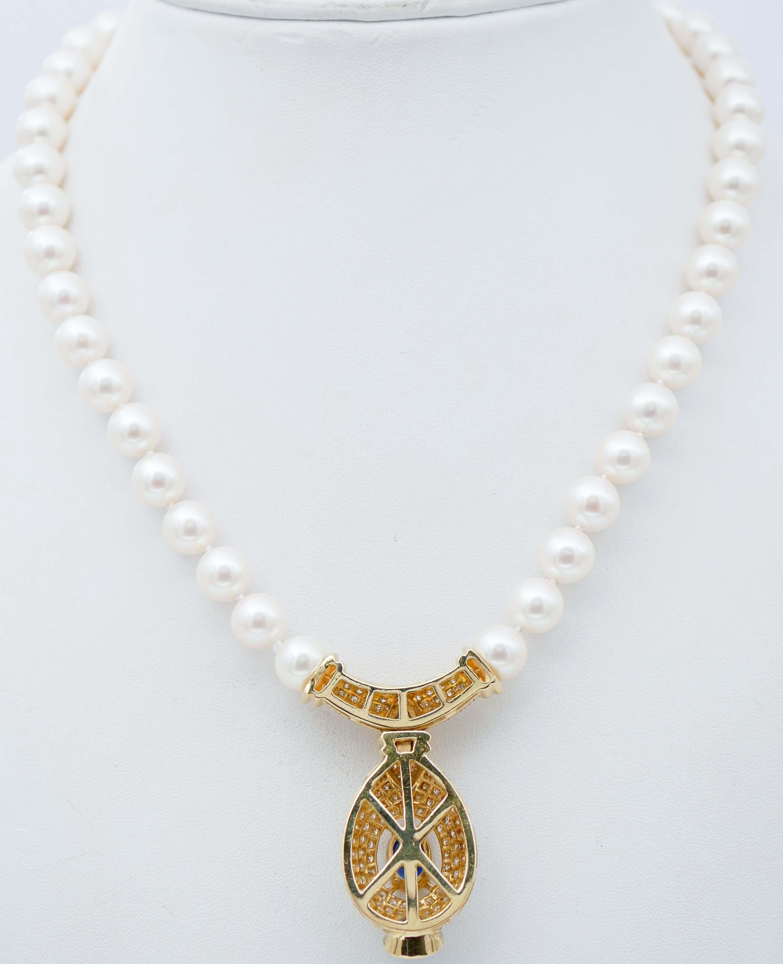 Mixed Cut Sapphires, Pearls, Diamonds, 18 Karat Yellow Gold Necklace.