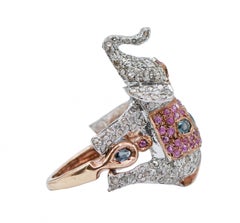 Sapphires, Rubies, Diamonds, Rose Gold and Silver Elephant Ring