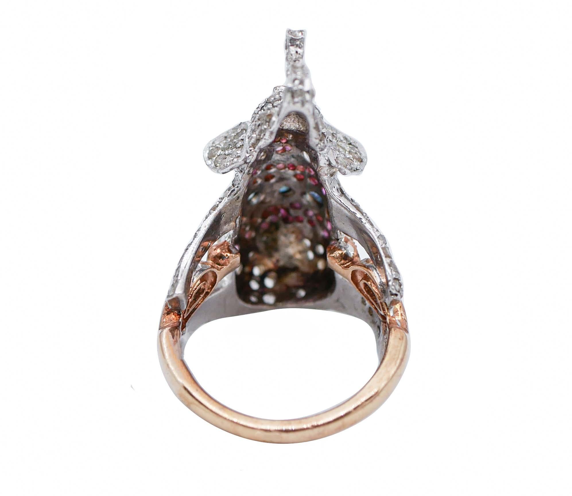 Retro Sapphires, Rubies, Diamonds, Rose Gold and Silver Elephant Ring