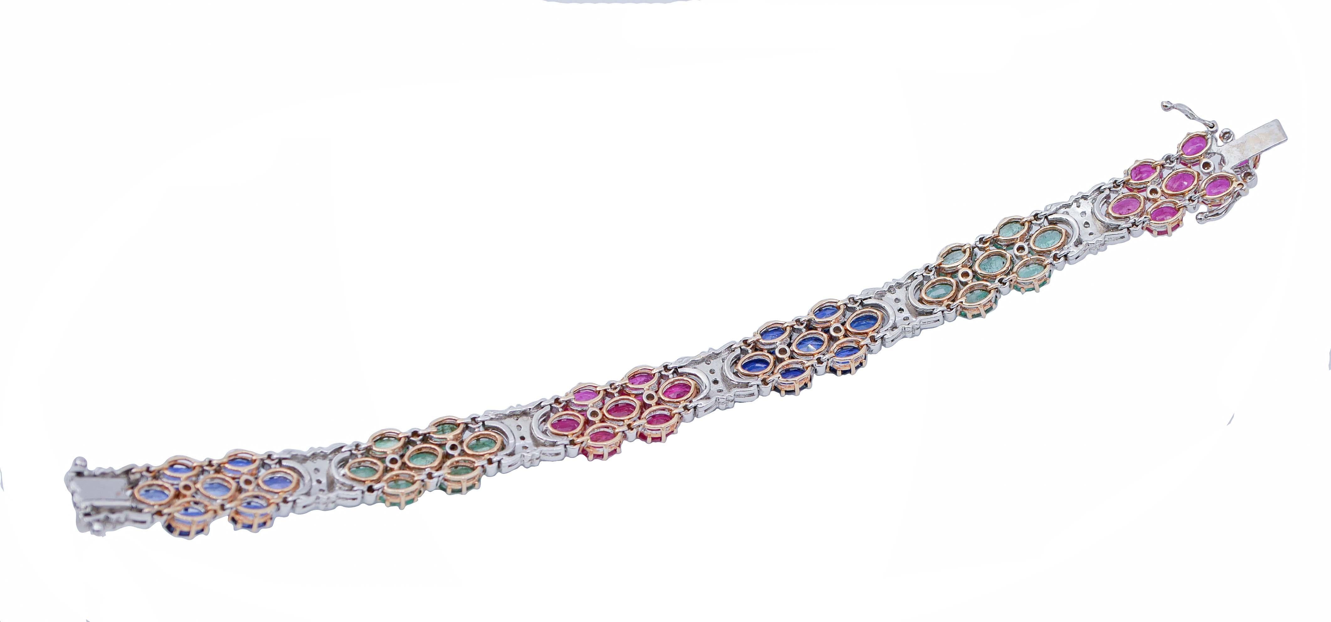 Retro Sapphires, Rubies, Emeralds, Diamonds, 14 Karat White and Rose Gold Bracelet For Sale