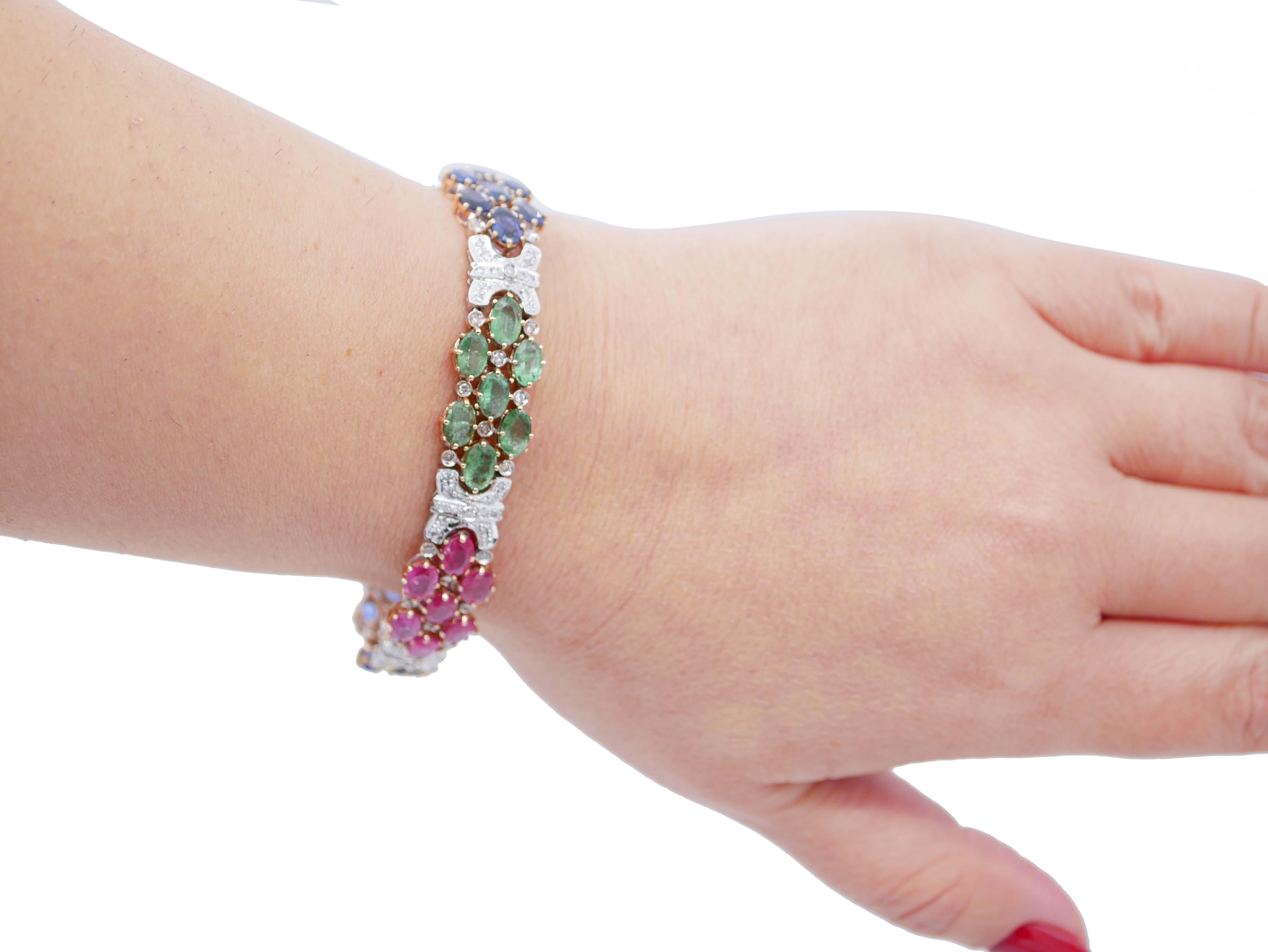 Mixed Cut Sapphires, Rubies, Emeralds, Diamonds, 14 Karat White and Rose Gold Bracelet For Sale