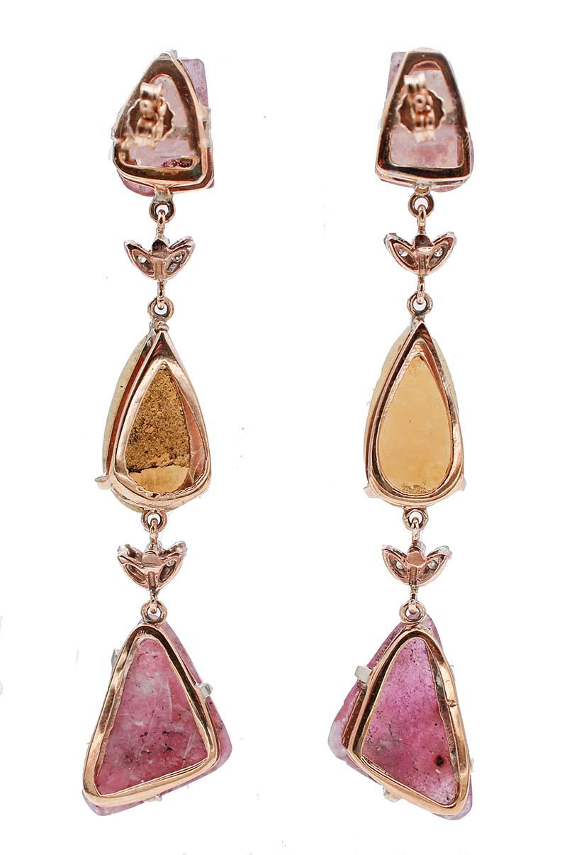 Retro Sapphires, Tsavorite, Diamonds, 9 Karat Rose and White Gold Dangle Earrings For Sale