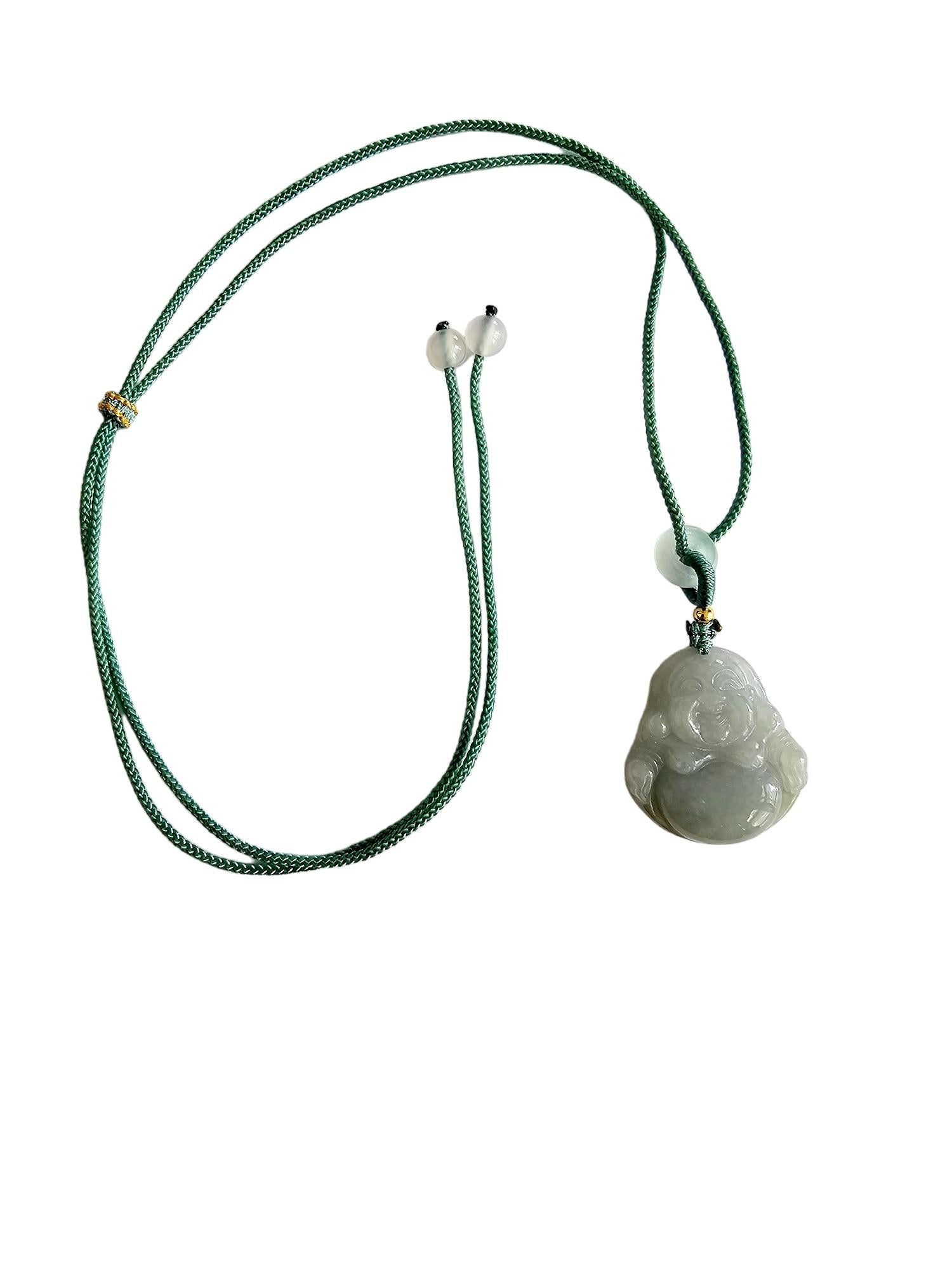 Sapporo Burmese A-Jadeite Big Laughing Buddha Pendant Necklace with FYORO String For Sale 5