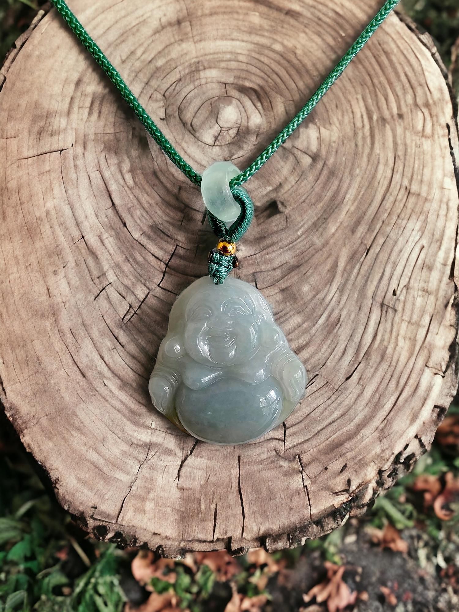 Cabochon Sapporo Burmese A-Jadeite Big Laughing Buddha Pendant Necklace with FYORO String For Sale
