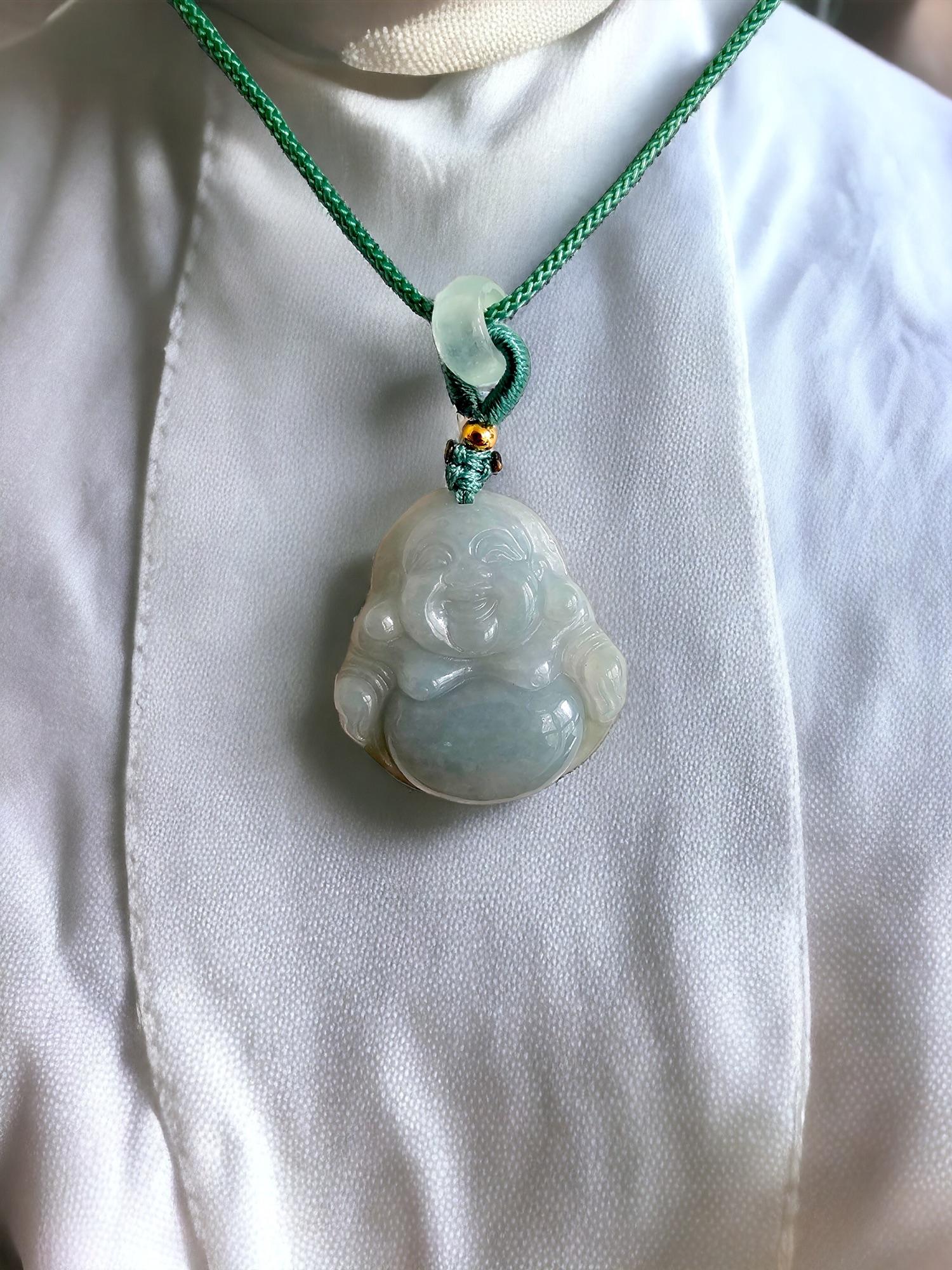 Sapporo Burmese A-Jadeite Big Laughing Buddha Pendant Necklace with FYORO String In New Condition For Sale In Kowloon, HK