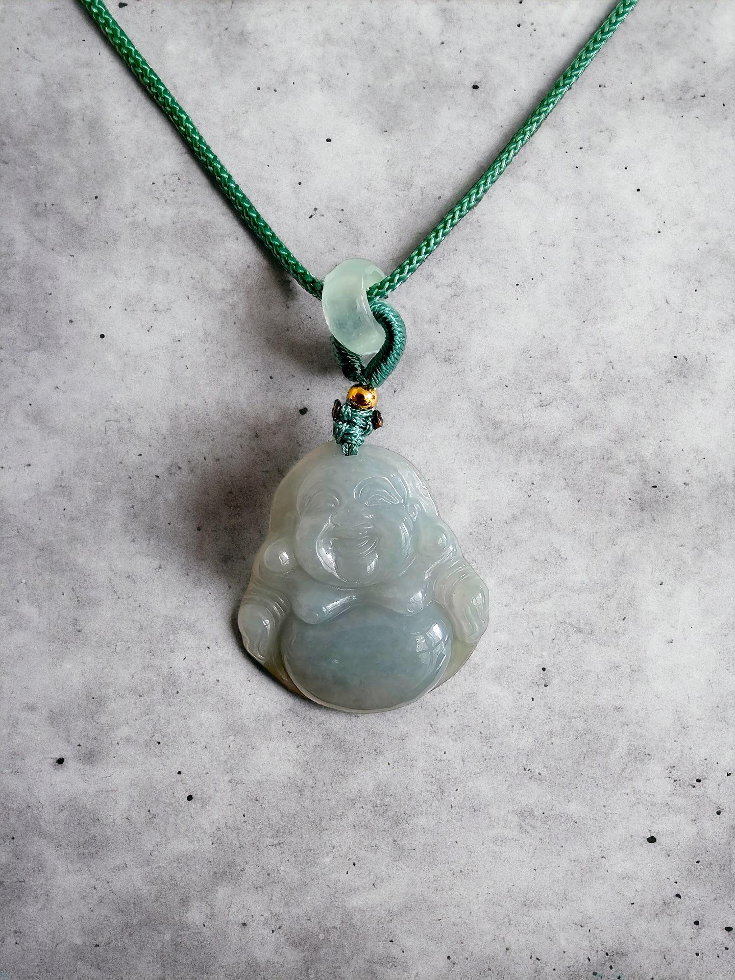 Women's or Men's Sapporo Burmese A-Jadeite Big Laughing Buddha Pendant Necklace with FYORO String For Sale