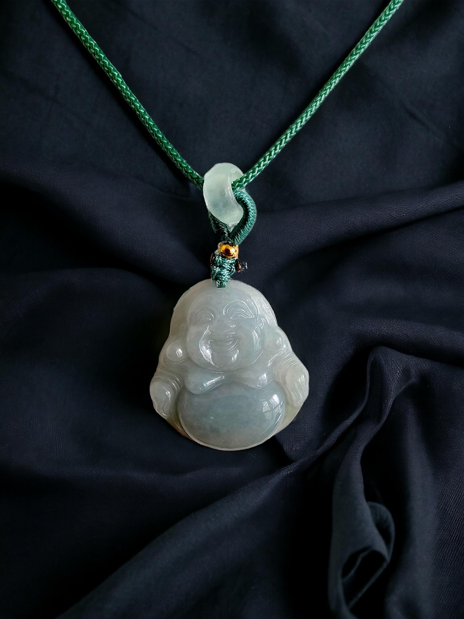 Sapporo Burmese A-Jadeite Big Laughing Buddha Pendant Necklace with FYORO String For Sale 1