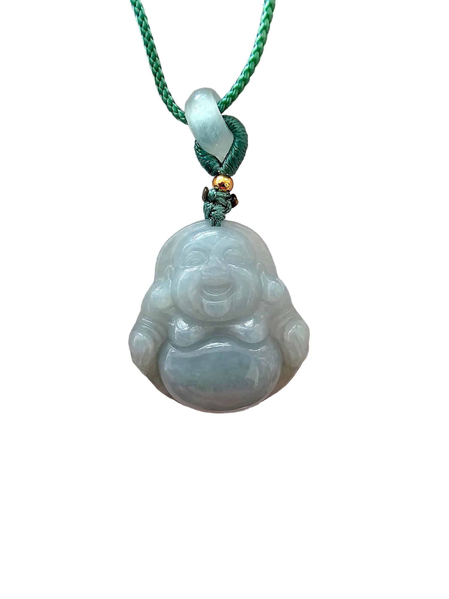 Sapporo Burmese A-Jadeite Big Laughing Buddha Pendant Necklace with FYORO String For Sale 2