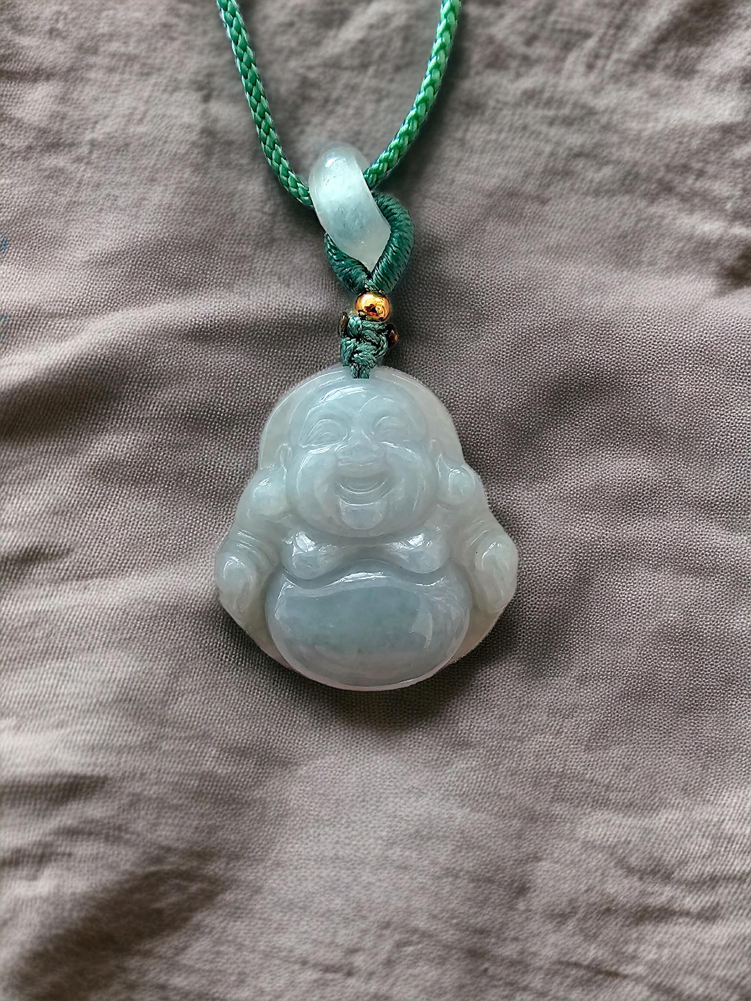 Sapporo Burmese A-Jadeite Big Laughing Buddha Pendant Necklace with FYORO String For Sale 3