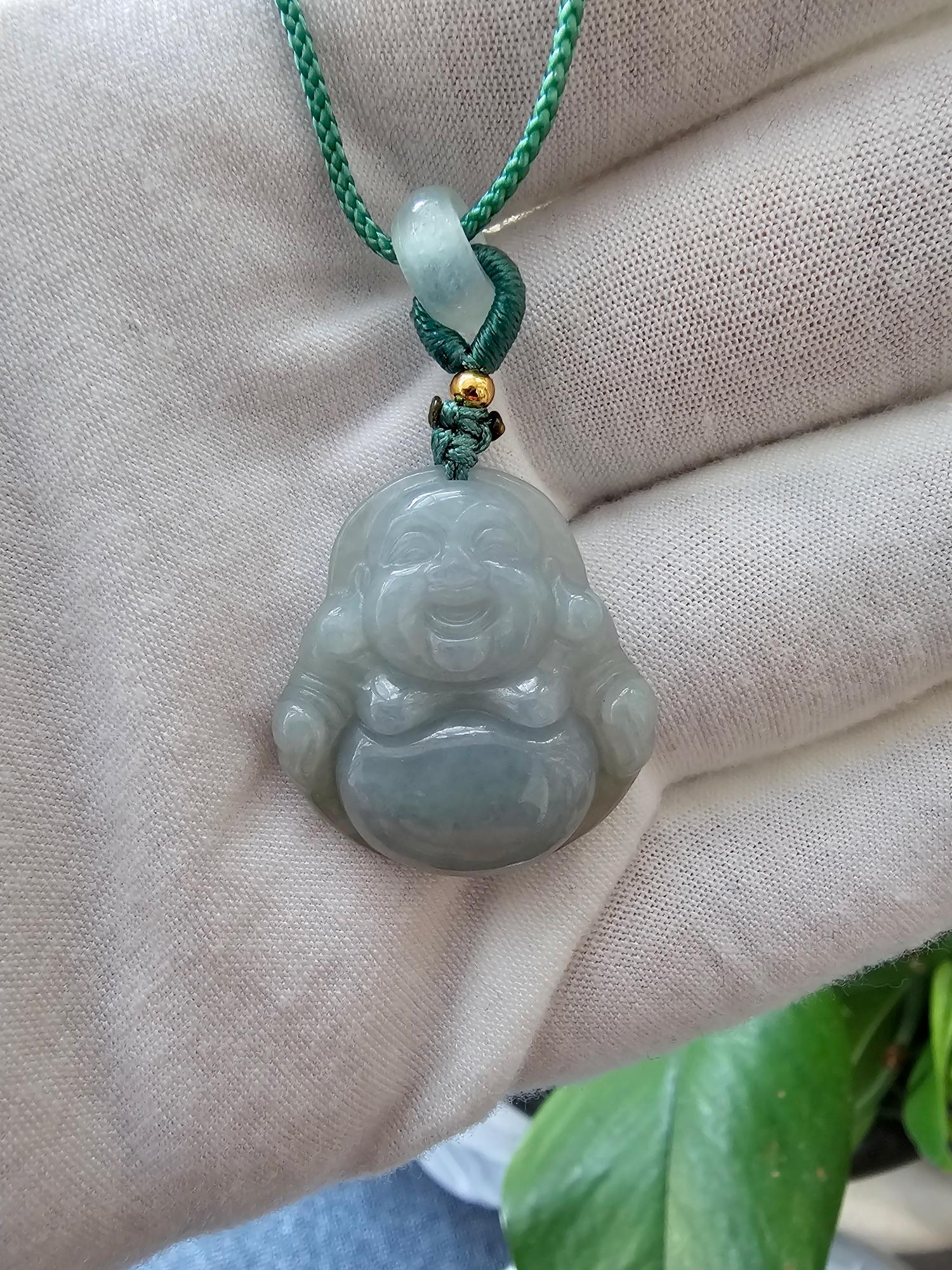 Sapporo Burmese A-Jadeite Big Laughing Buddha Pendant Necklace with FYORO String For Sale 4