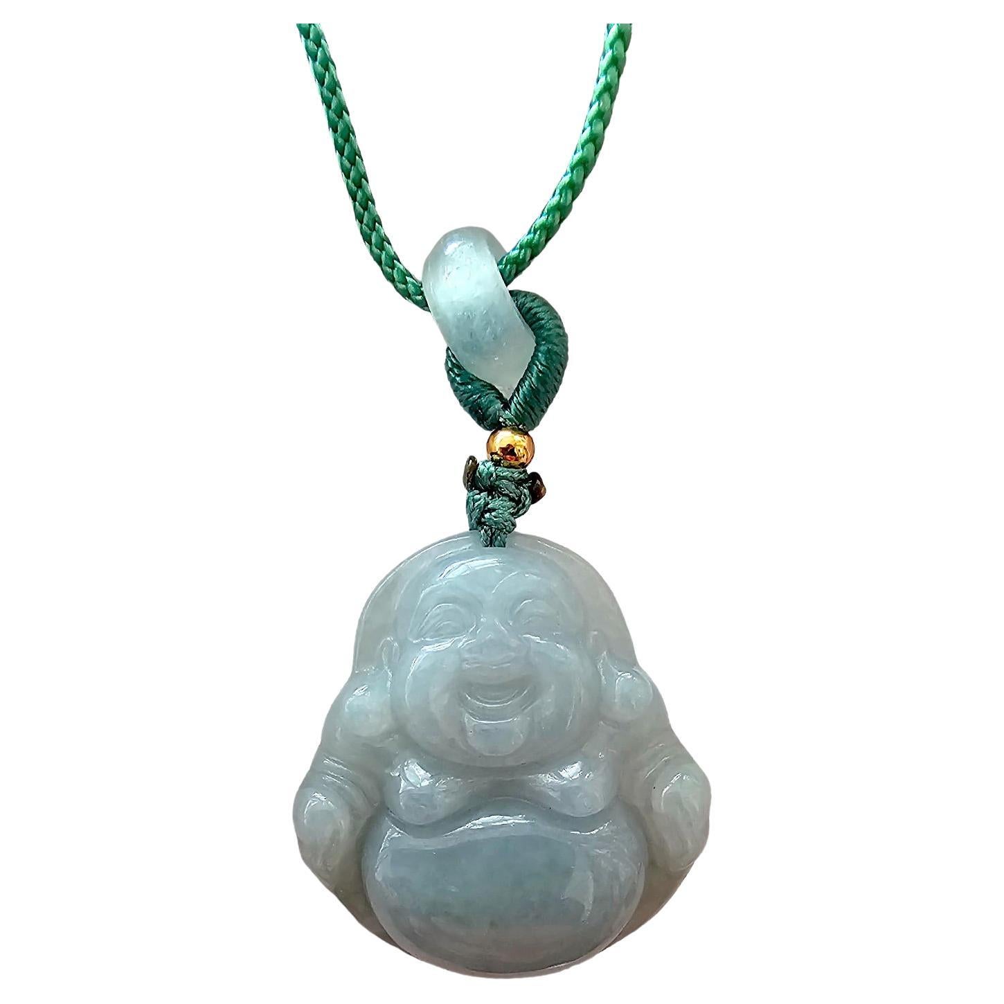 Sapporo Burmese A-Jadeite Big Laughing Buddha Pendant Necklace with FYORO String For Sale