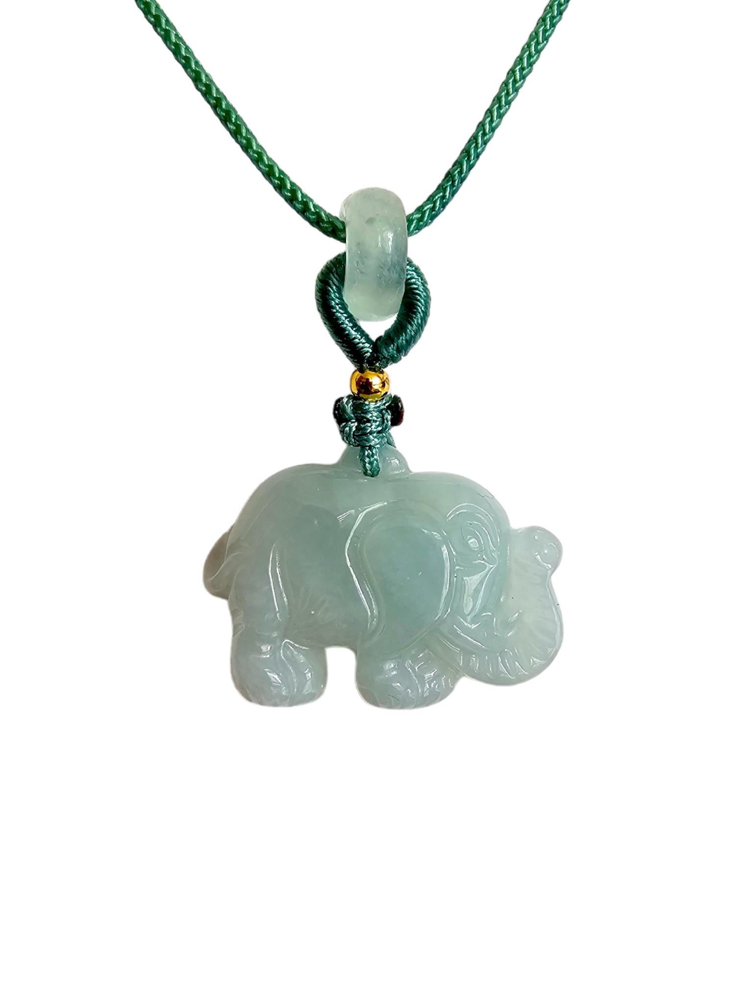 Cabochon Sapporo Burmese A-Jadeite Elephant Pendant Necklace with FYORO String For Sale