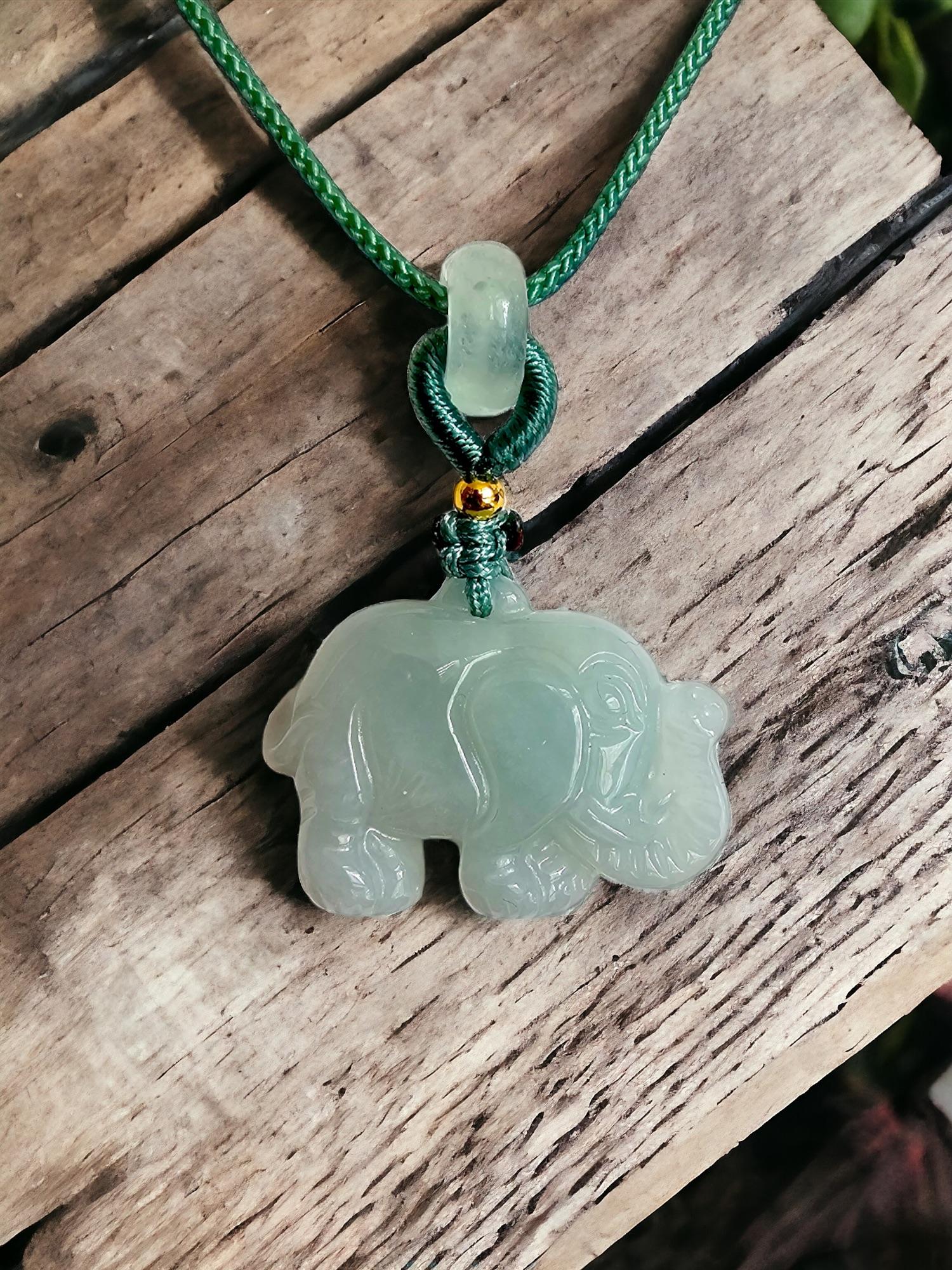 Sapporo Burmese A-Jadeite Elephant Pendant Necklace with FYORO String For Sale 1