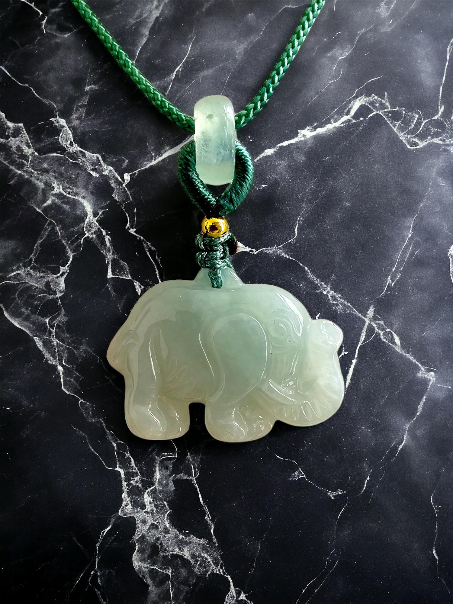 Sapporo Burmese A-Jadeite Elephant Pendant Necklace with FYORO String For Sale 2