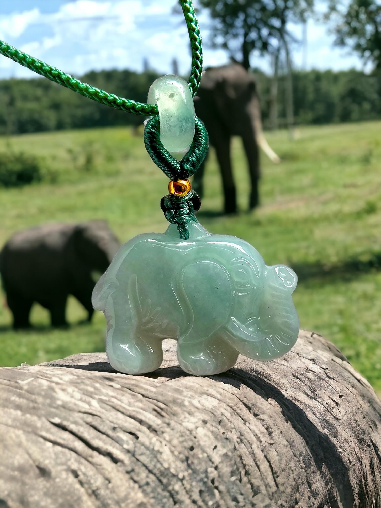 Sapporo Burmese A-Jadeite Elephant Pendant Necklace with FYORO String For Sale 3