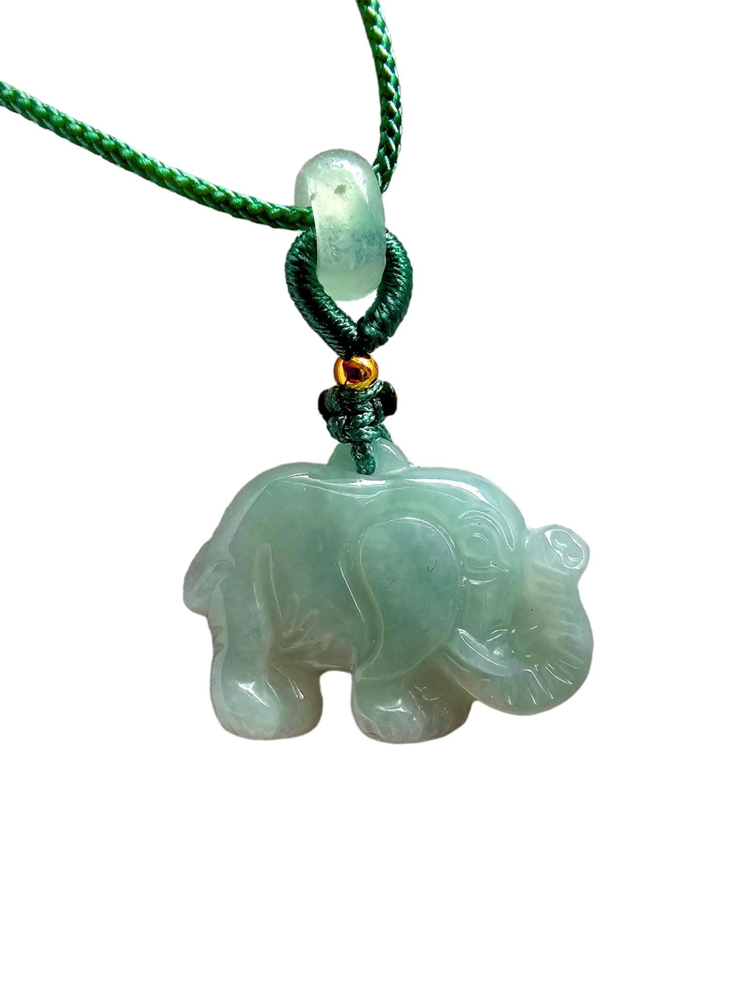 Sapporo Burmese A-Jadeite Elephant Pendant Necklace with FYORO String For Sale 4